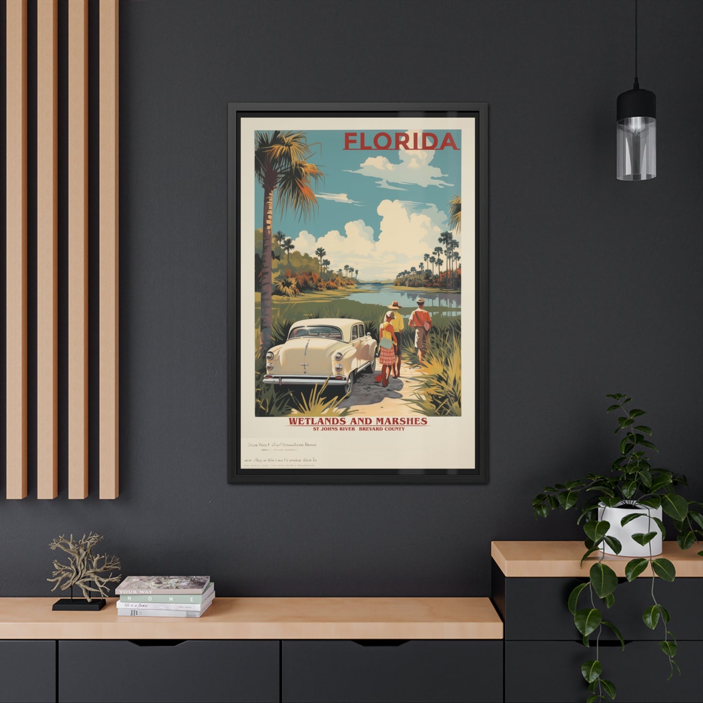 Vintage Florida Wetlands and Marshes Retro Wall Art – Vintage Travel Poster with Wooden Frame