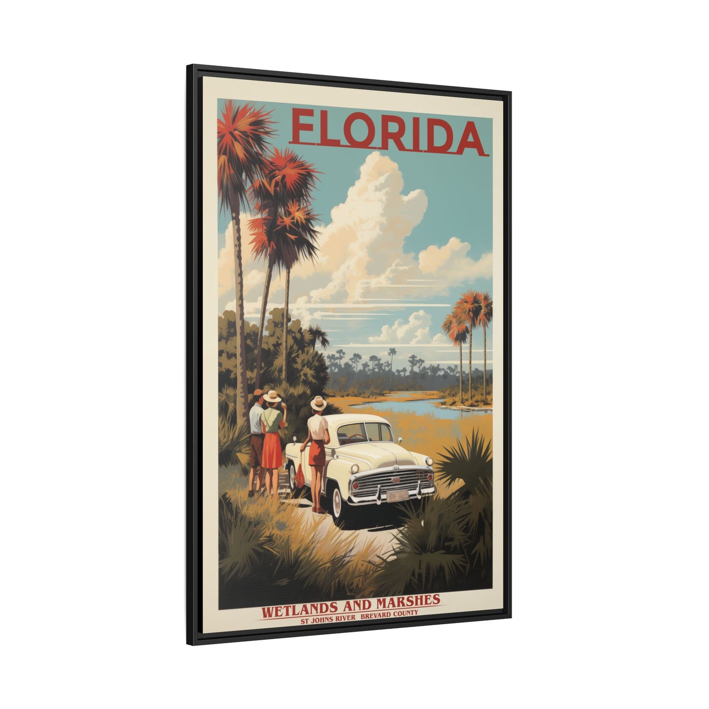 "Vintage Florida Poster - Wetlands and Marshes St. Johns River Matte Canvas Wall Art with Black Frame" Matte Canvas, Black Frame