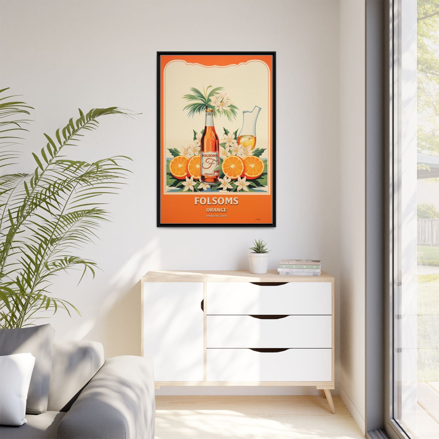 "Folsoms Orange Sparkling Cider Art Print – Vibrant Vintage with Citrus and Floral Elements" Matte Canvas, Black Frame