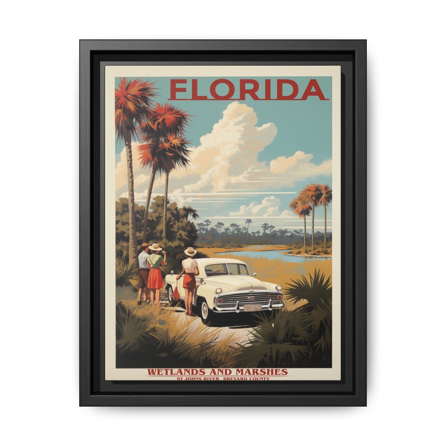 "Vintage Florida Poster - Wetlands and Marshes St. Johns River Matte Canvas Wall Art with Black Frame" Matte Canvas, Black Frame