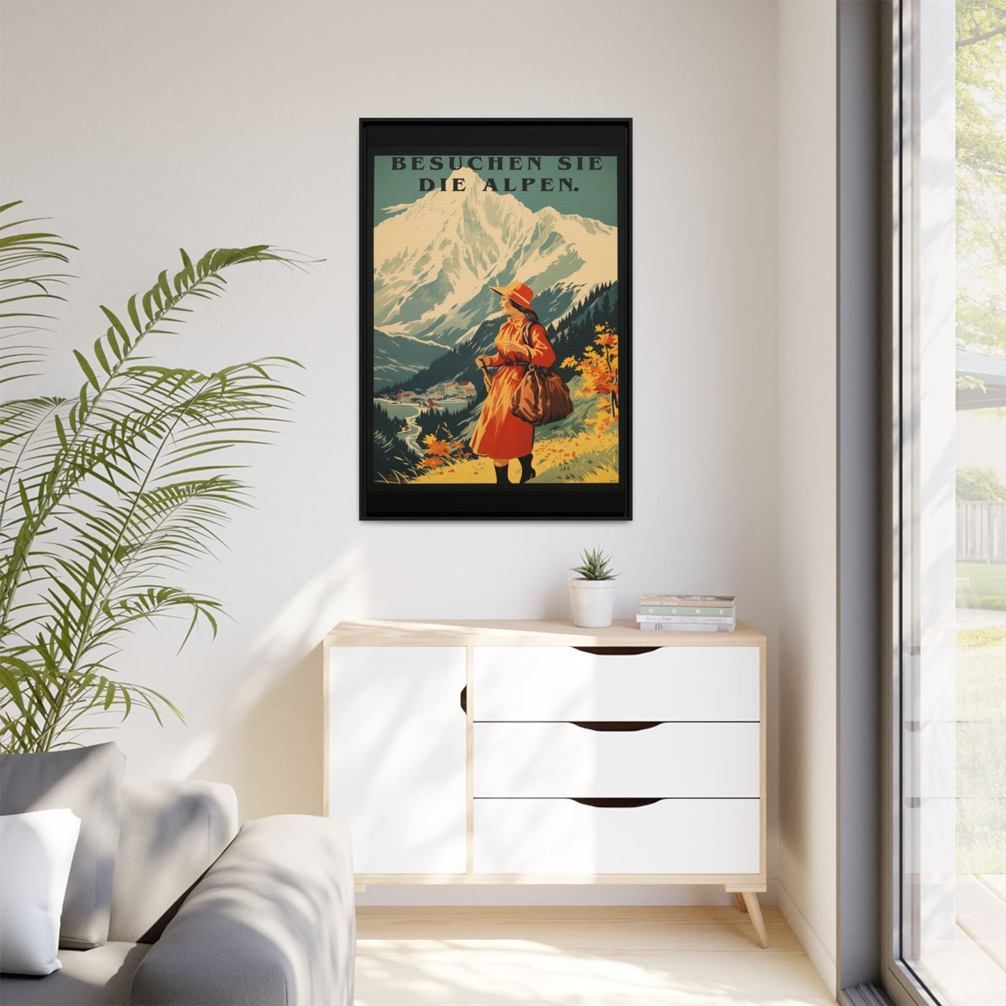 "Besuchen Sie die Alpen" translates to "Visit the Alps," - Vintage German Travel Poster | Matte Canvas with Black Frame"