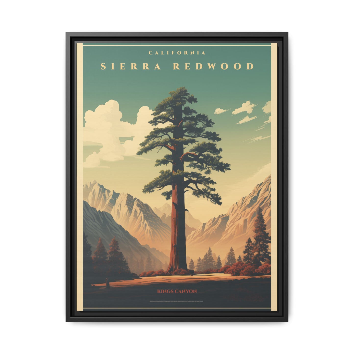 "Vintage Sierra Redwood Poster - Kings Canyon Matte Canvas Wall Art with Black Frame" Matte Canvas, Black Frame