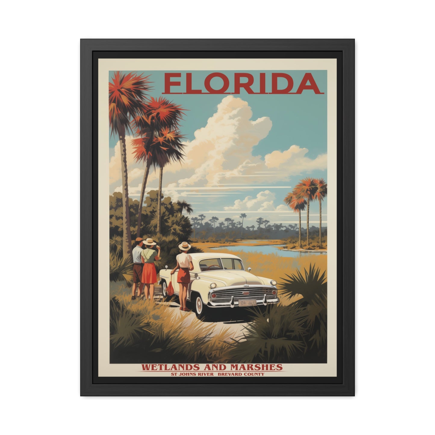 Vintage Florida Wetlands and Marshes Retro Wall Art – Vintage Travel Poster with Wooden Frame