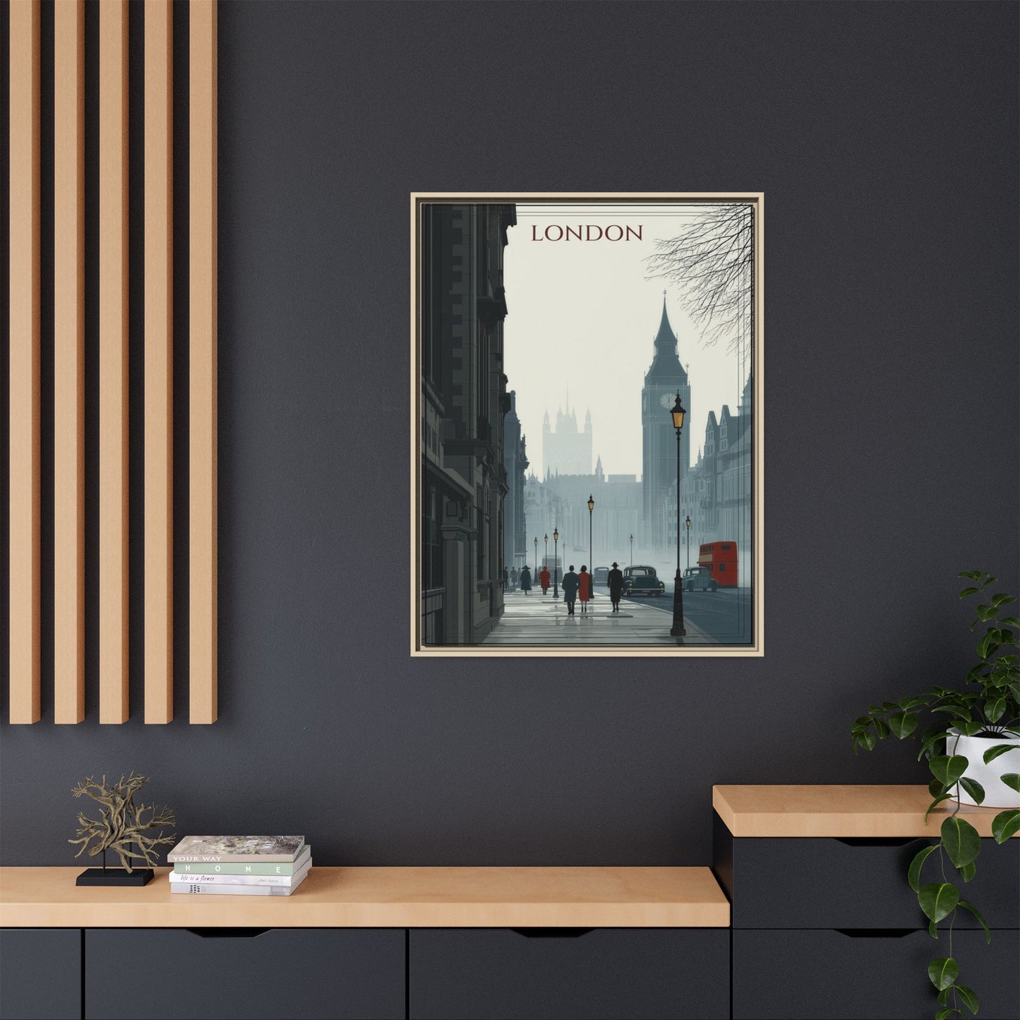London Street Matte Canvas Print — Framed Vintage Cityscape Wall Art