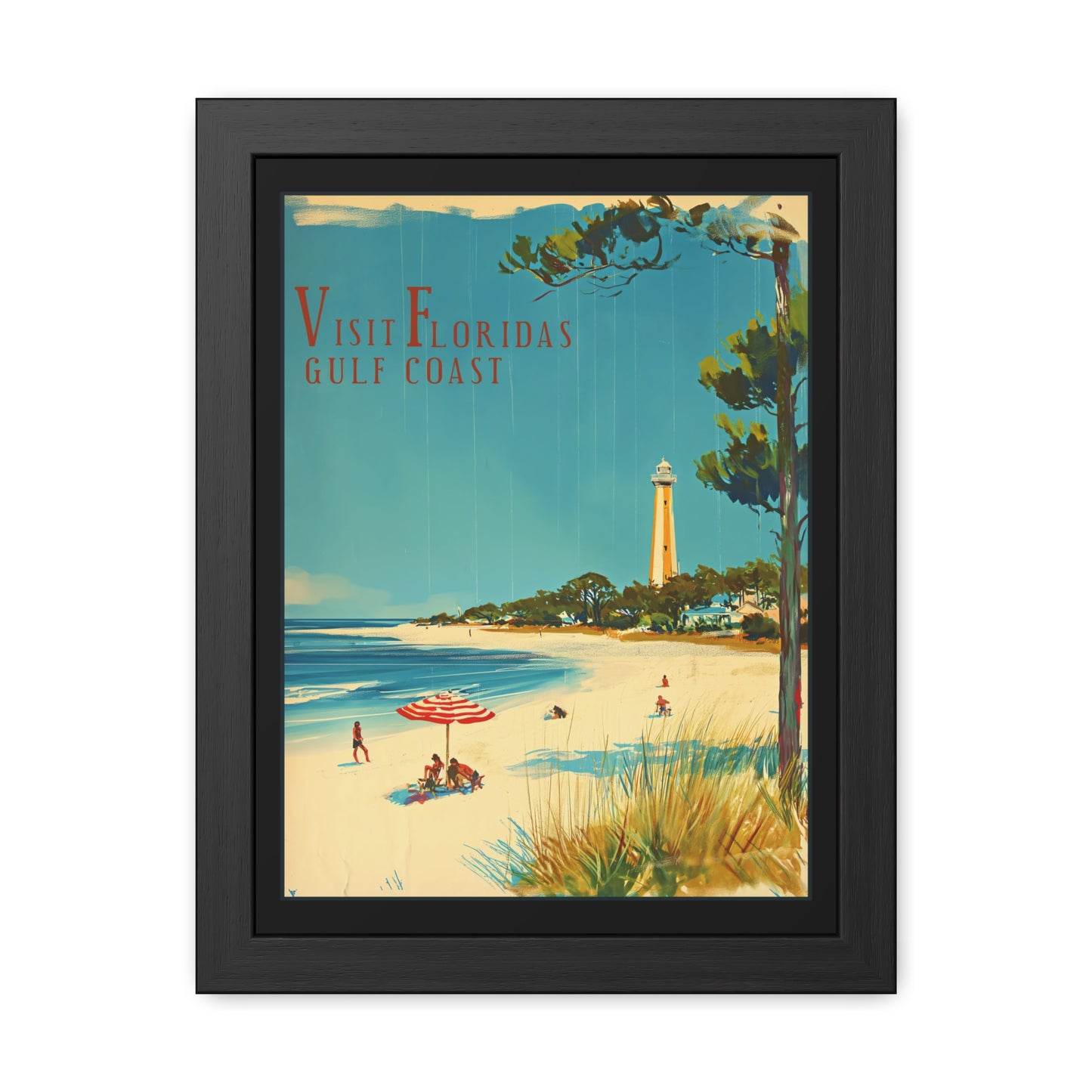 "Visit Florida’s Gulf Coast - Vintage Beach Scene Framed Poster"