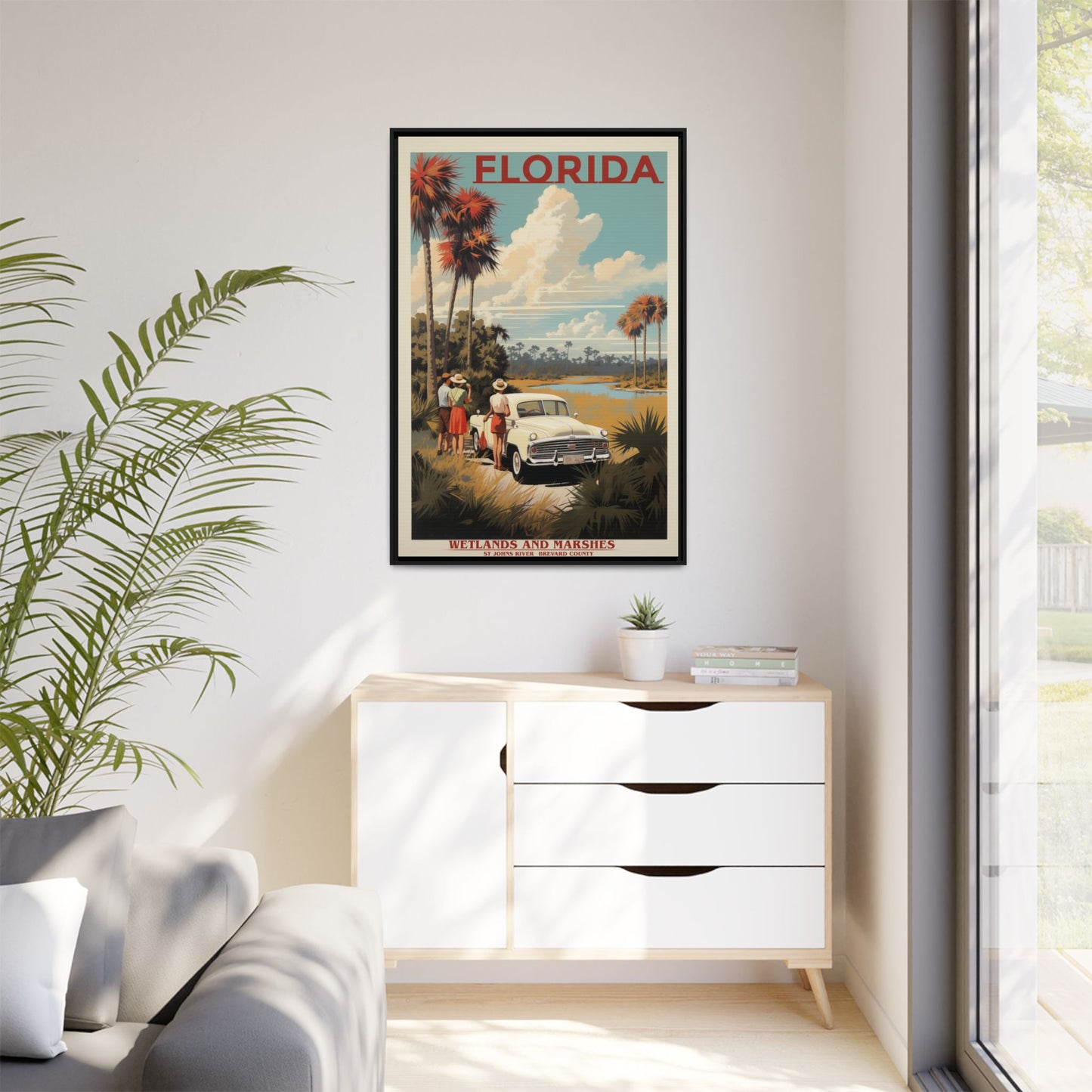 "Vintage Florida Poster - Wetlands and Marshes St. Johns River Matte Canvas Wall Art with Black Frame" Matte Canvas, Black Frame