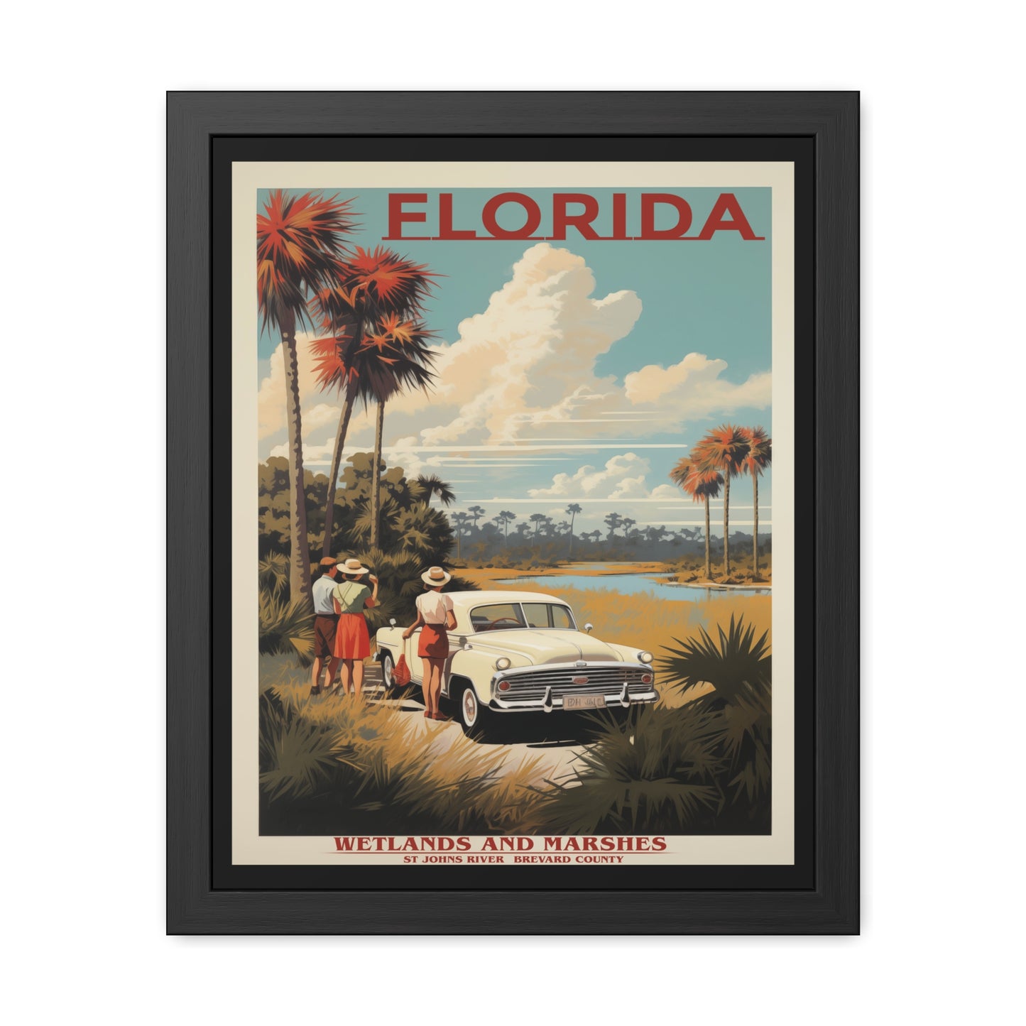 Vintage Florida Wetlands and Marshes Retro Wall Art – Vintage Travel Poster with Wooden Frame