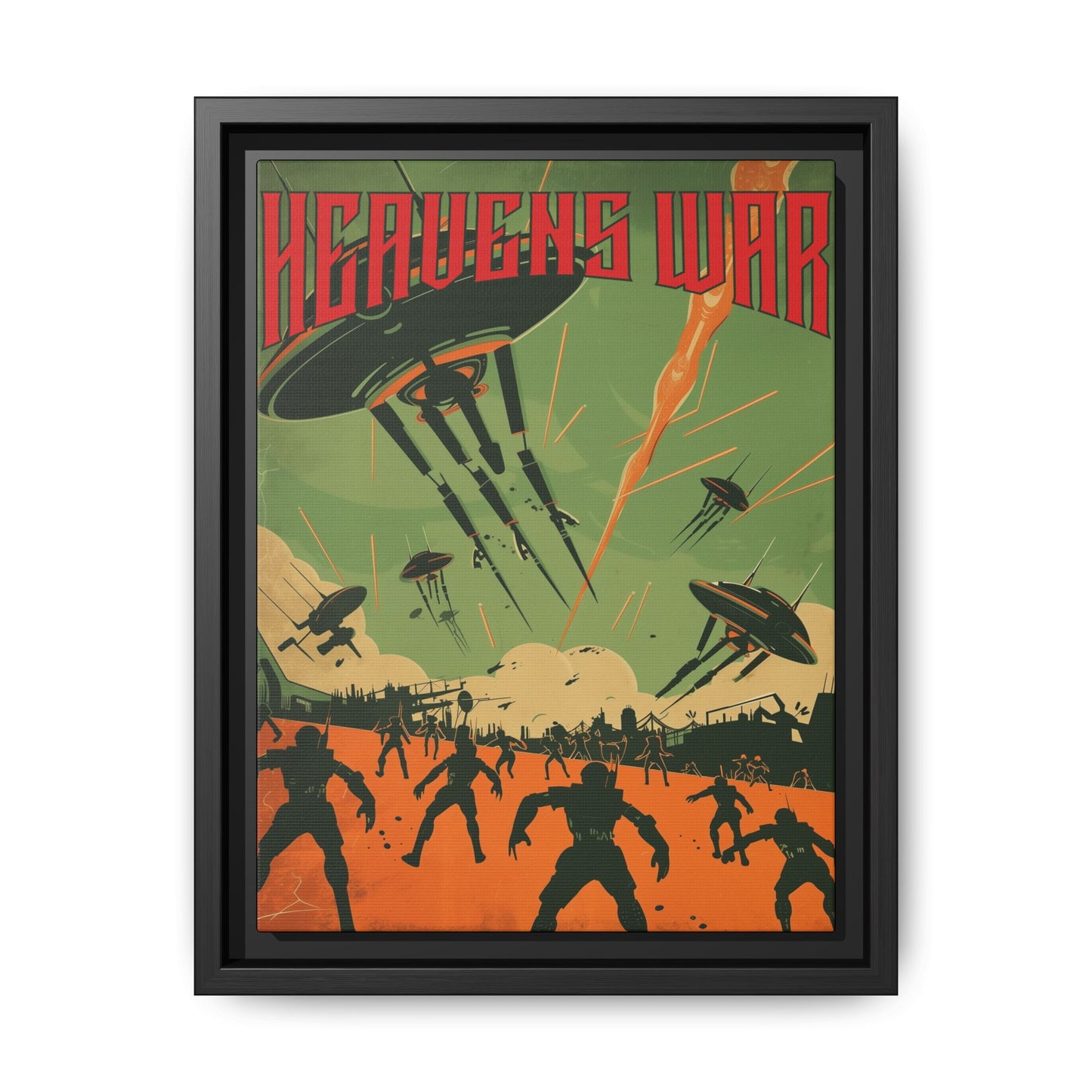 "Heavens War – Futuristic Sci-Fi Battle Matte Canvas with Black Frame"