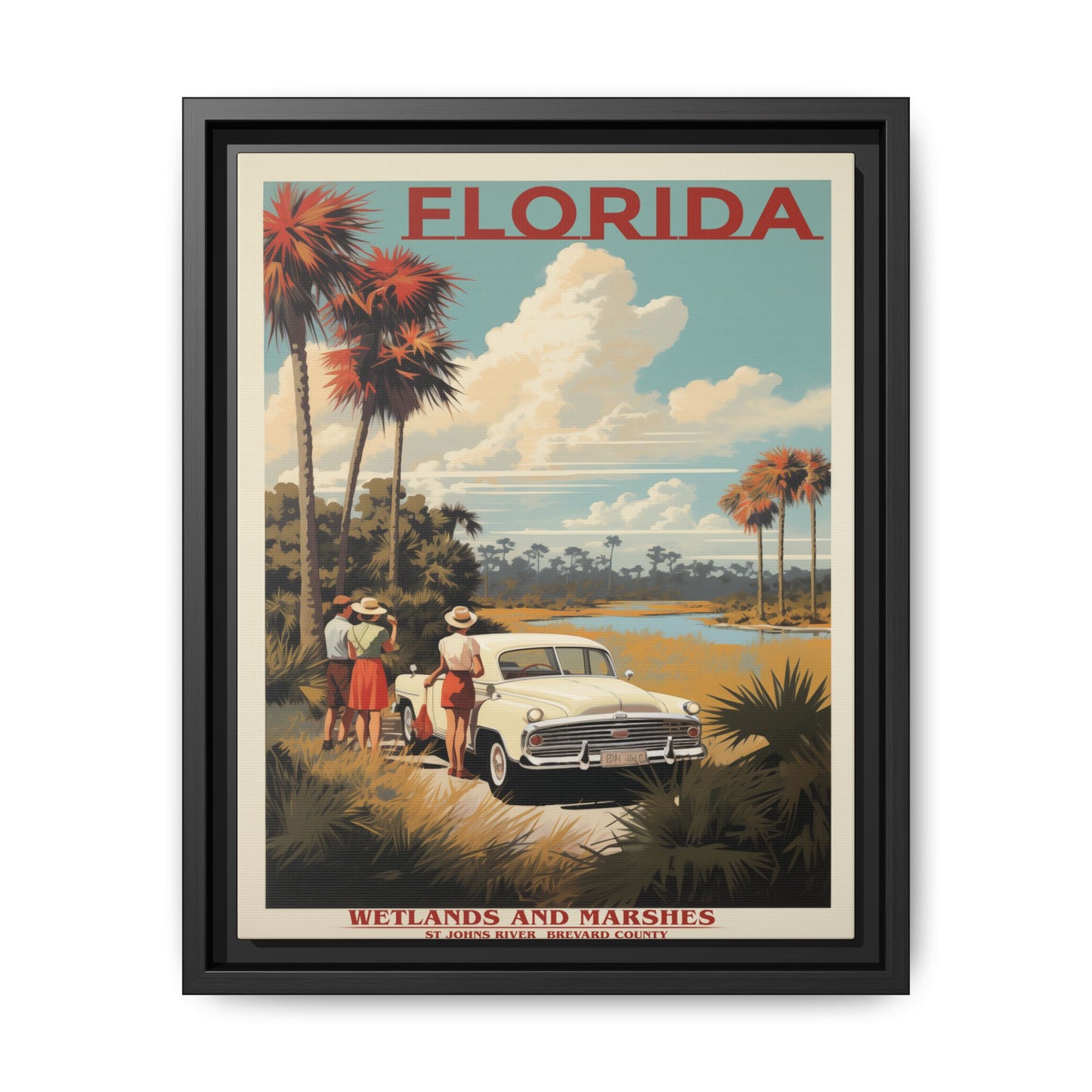 "Vintage Florida Poster - Wetlands and Marshes St. Johns River Matte Canvas Wall Art with Black Frame" Matte Canvas, Black Frame