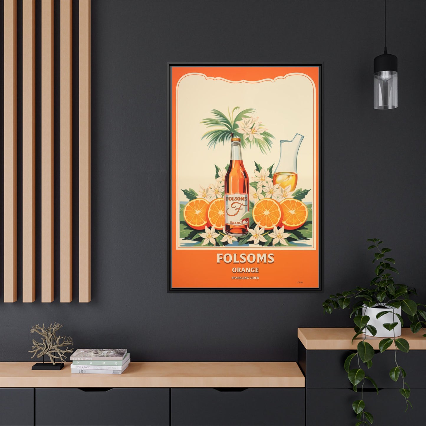 "Folsoms Orange Sparkling Cider Art Print – Vibrant Vintage with Citrus and Floral Elements" Matte Canvas, Black Frame