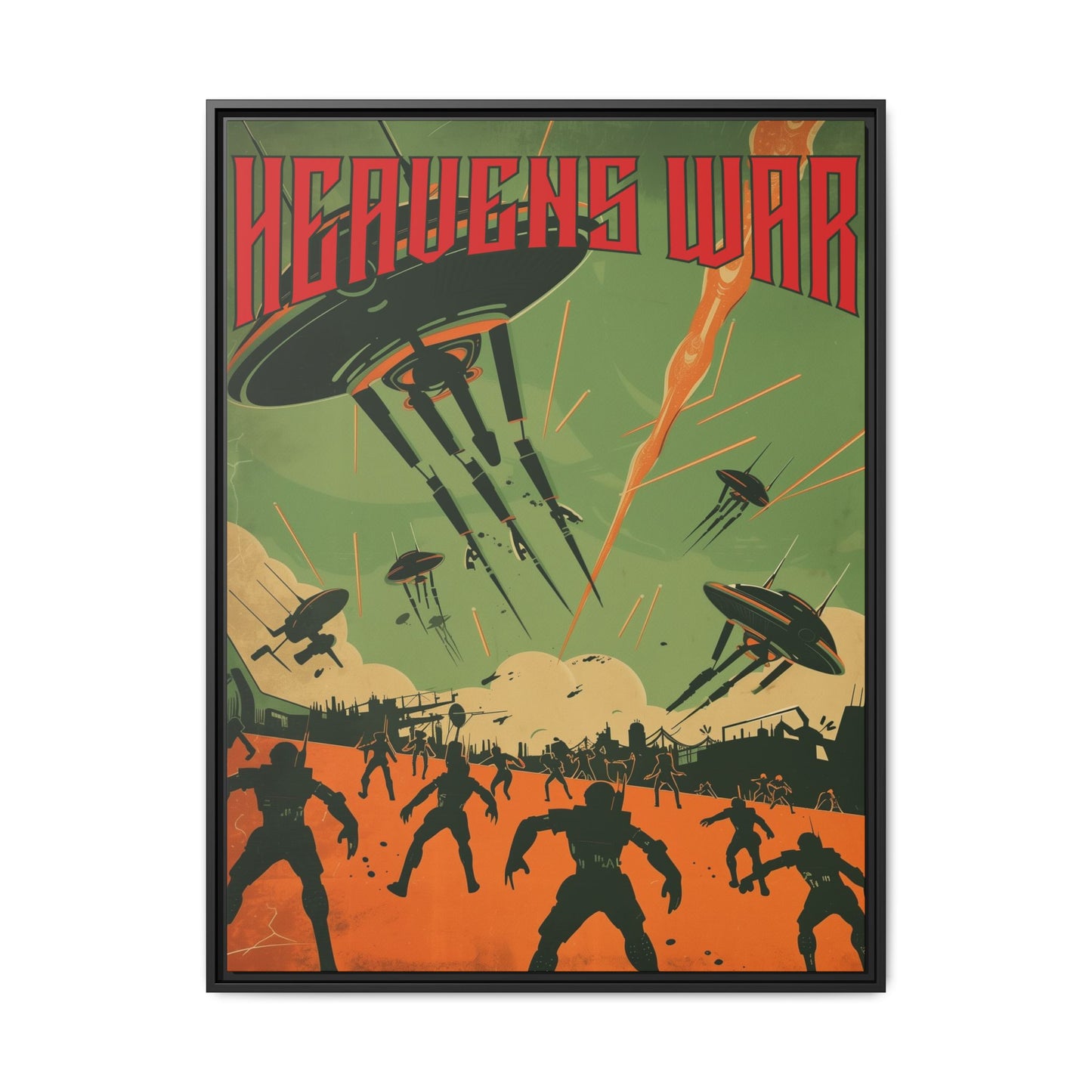 "Heavens War – Futuristic Sci-Fi Battle Matte Canvas with Black Frame"