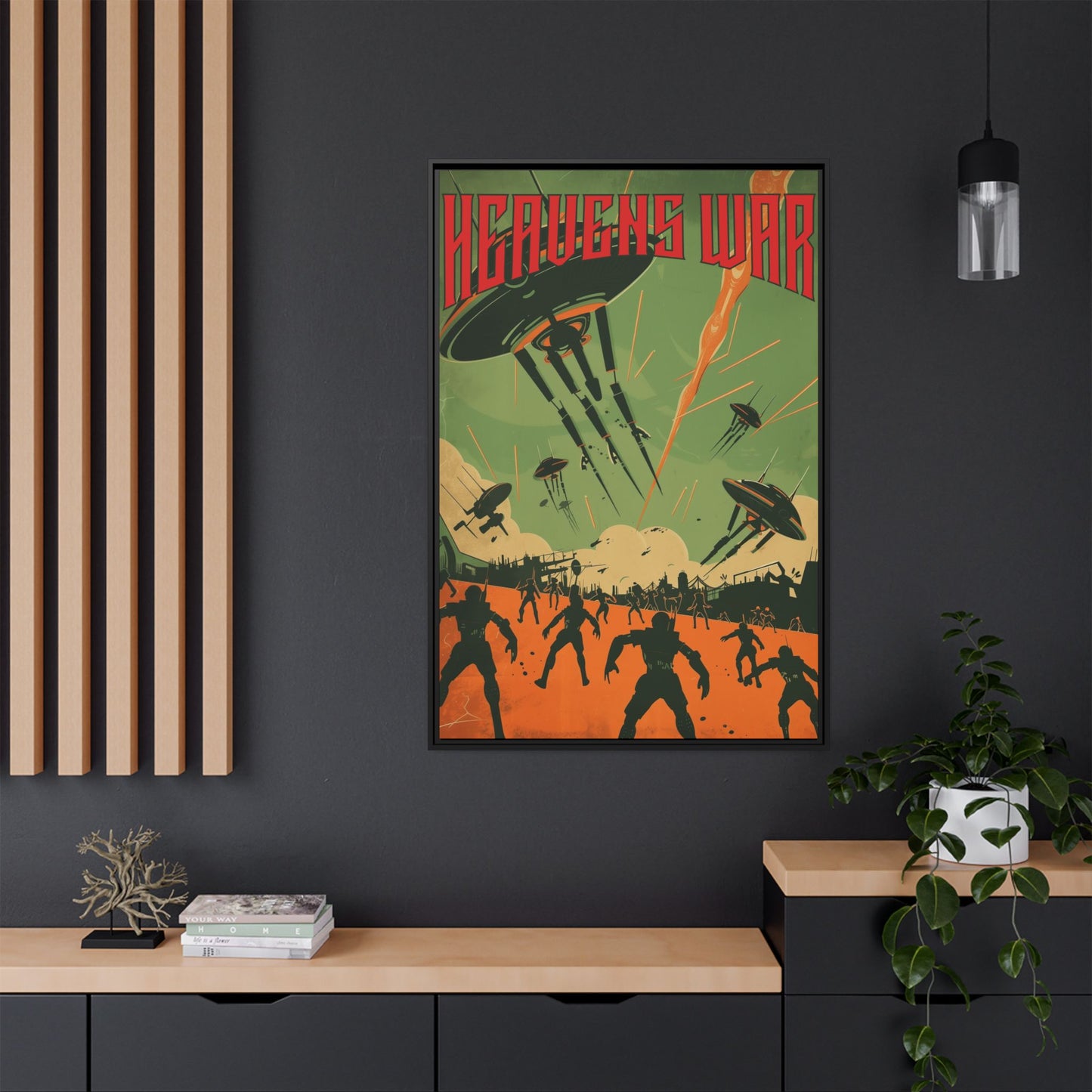 "Heavens War – Futuristic Sci-Fi Battle Matte Canvas with Black Frame"