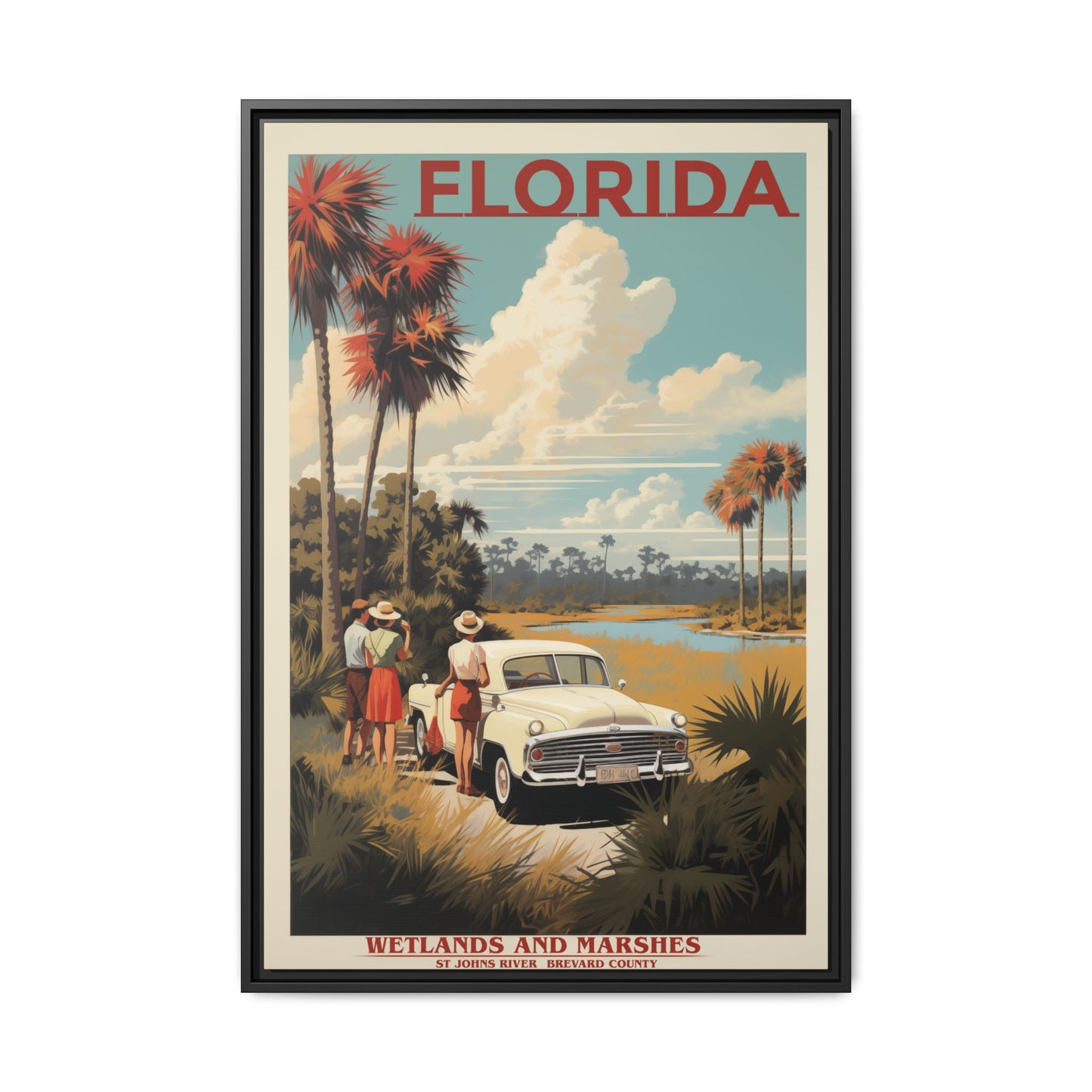 "Vintage Florida Poster - Wetlands and Marshes St. Johns River Matte Canvas Wall Art with Black Frame" Matte Canvas, Black Frame