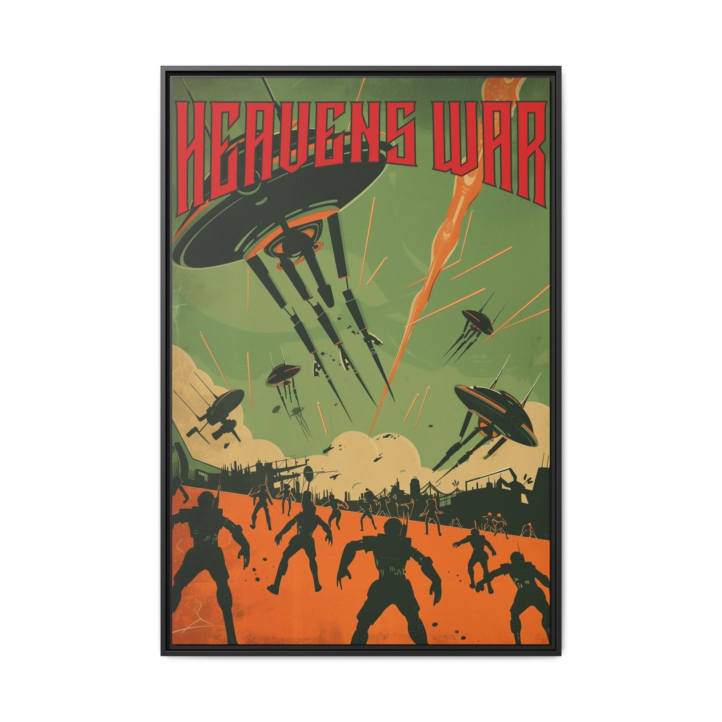 "Heavens War – Futuristic Sci-Fi Battle Matte Canvas with Black Frame"