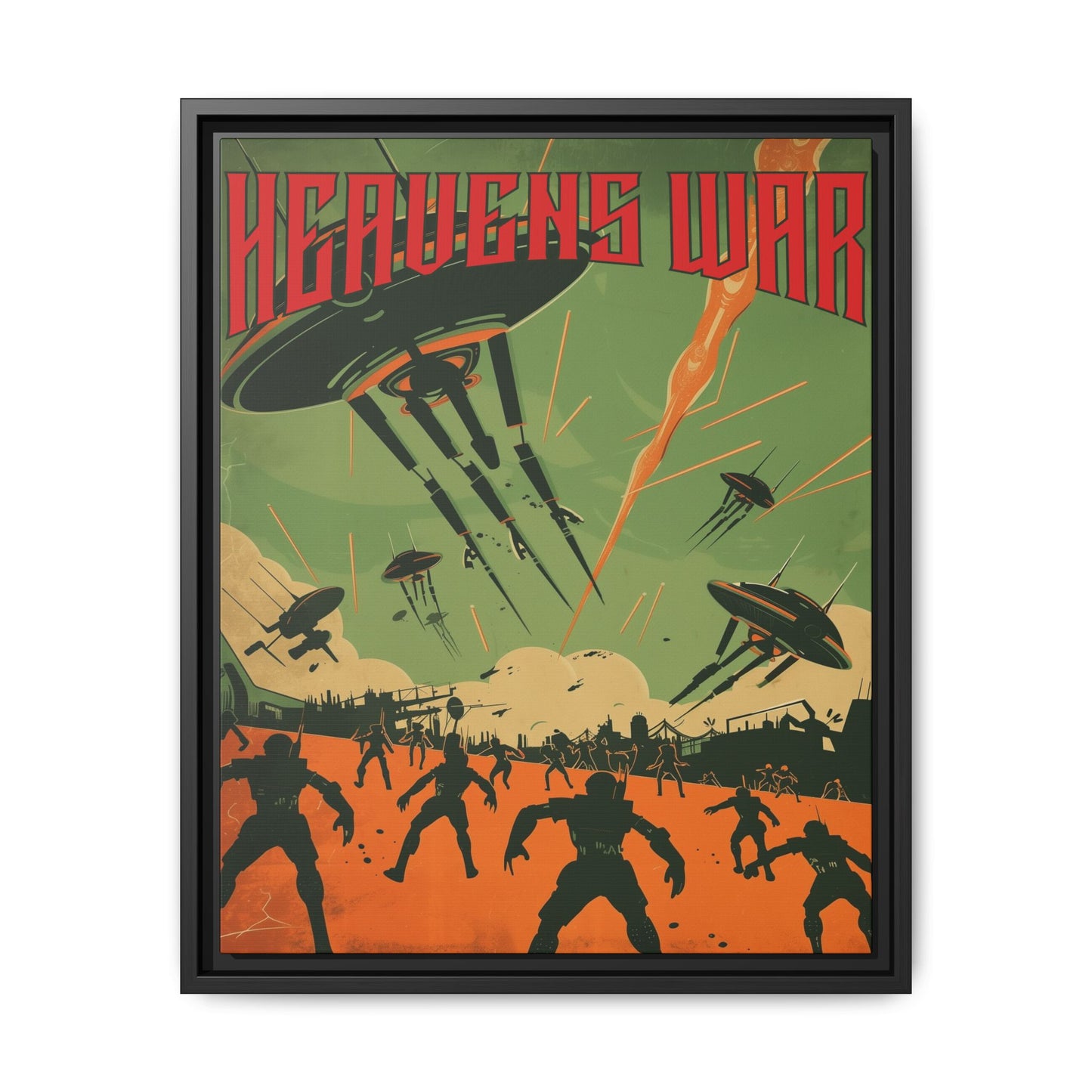 "Heavens War – Futuristic Sci-Fi Battle Matte Canvas with Black Frame"
