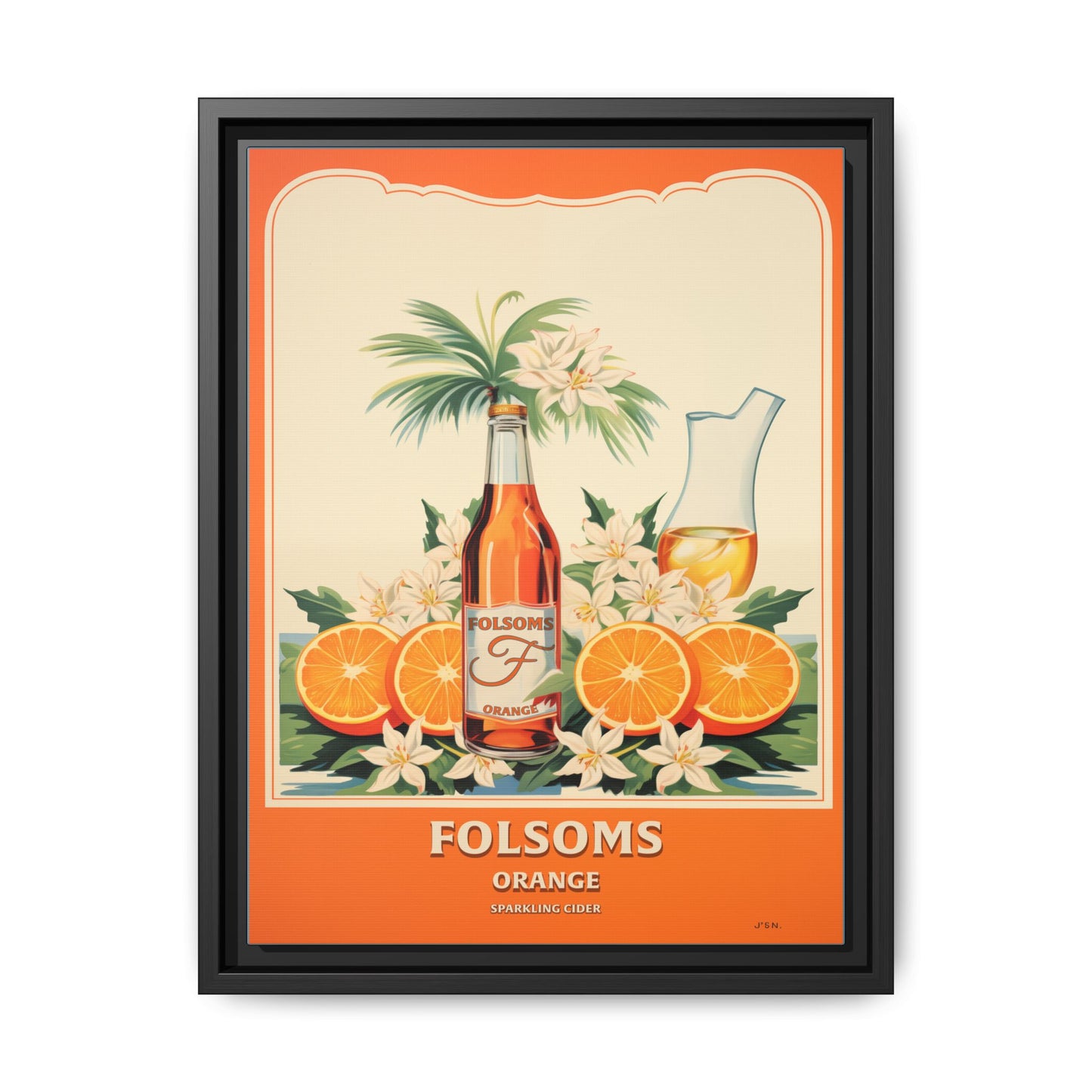 "Folsoms Orange Sparkling Cider Art Print – Vibrant Vintage with Citrus and Floral Elements" Matte Canvas, Black Frame