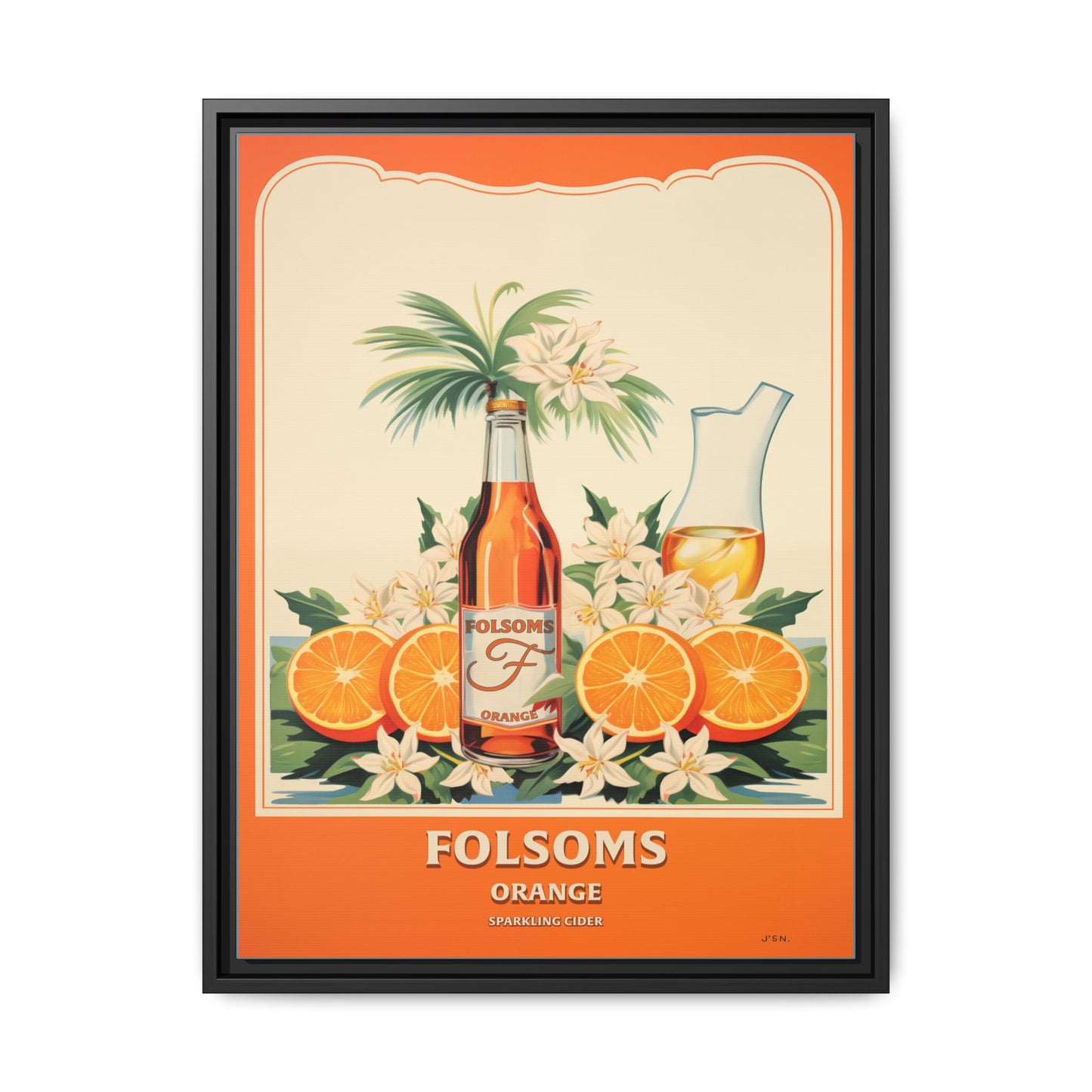 "Folsoms Orange Sparkling Cider Art Print – Vibrant Vintage with Citrus and Floral Elements" Matte Canvas, Black Frame