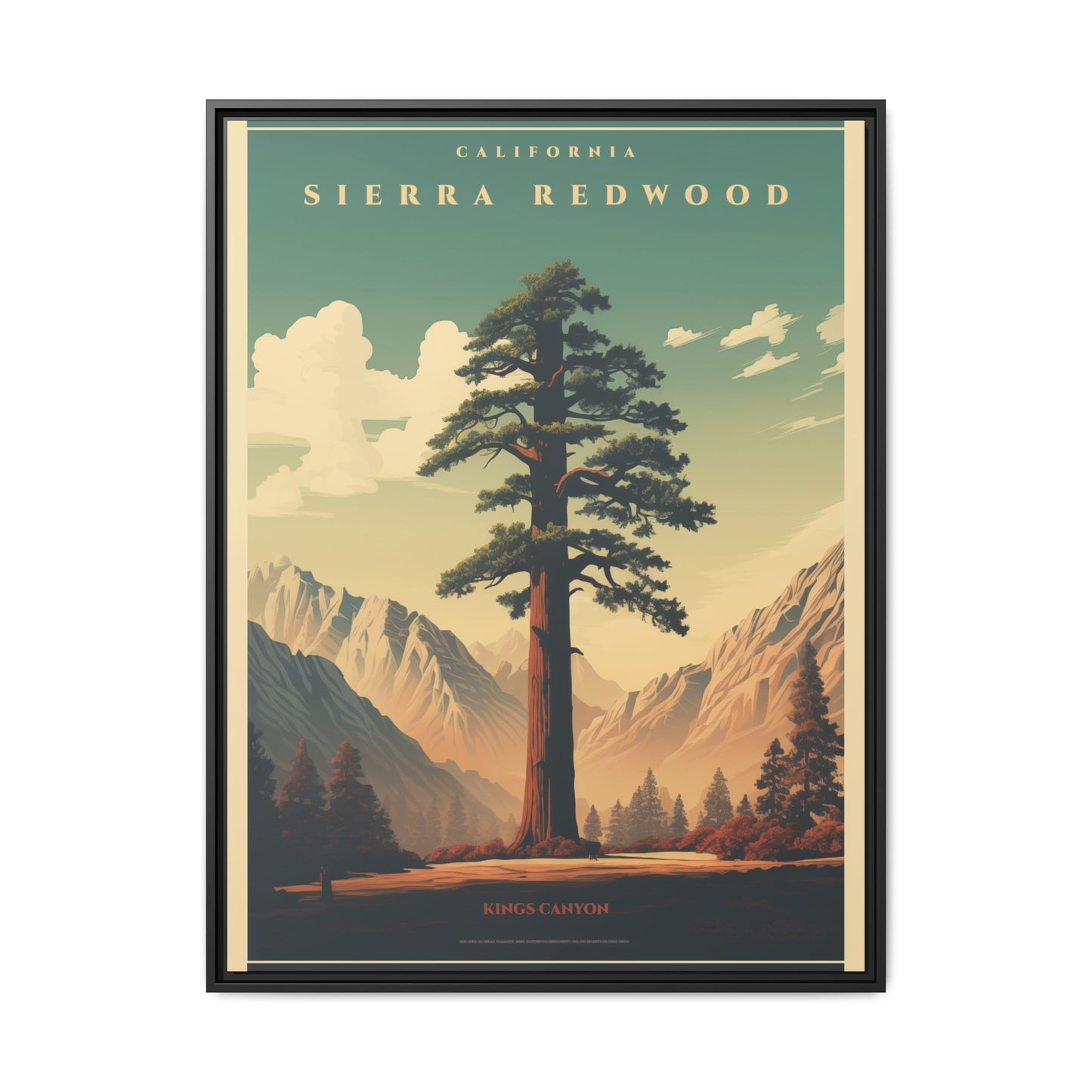 "Vintage Sierra Redwood Poster - Kings Canyon Matte Canvas Wall Art with Black Frame" Matte Canvas, Black Frame