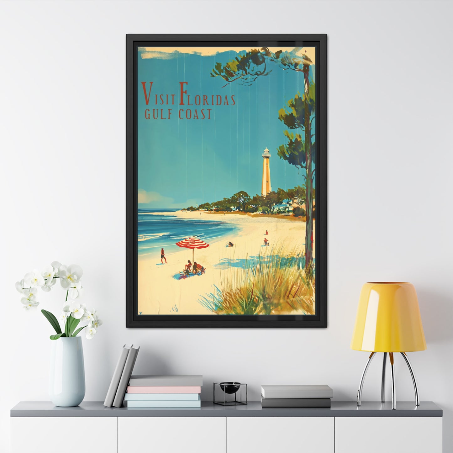 "Visit Florida’s Gulf Coast - Vintage Beach Scene Framed Poster"