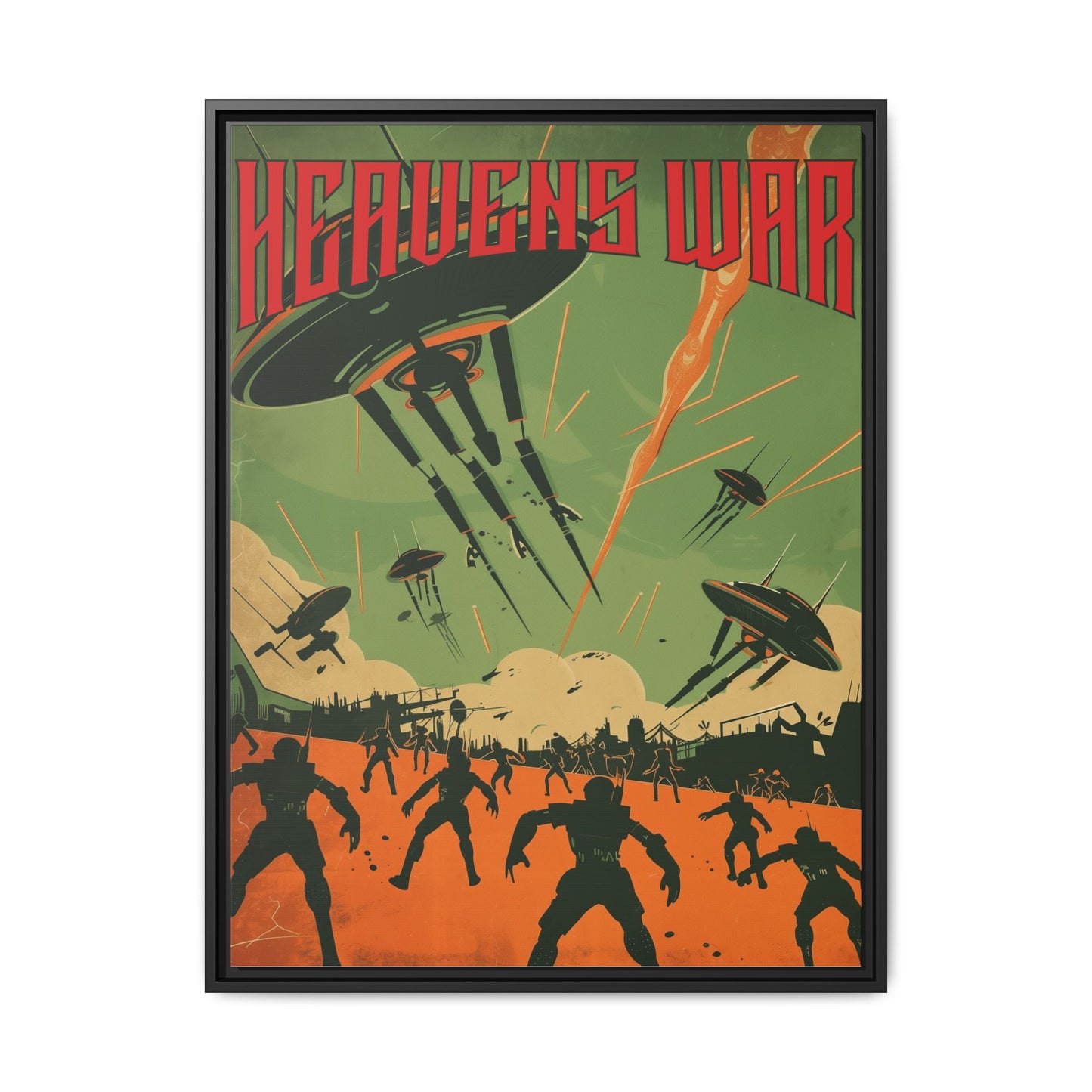 "Heavens War – Futuristic Sci-Fi Battle Matte Canvas with Black Frame"