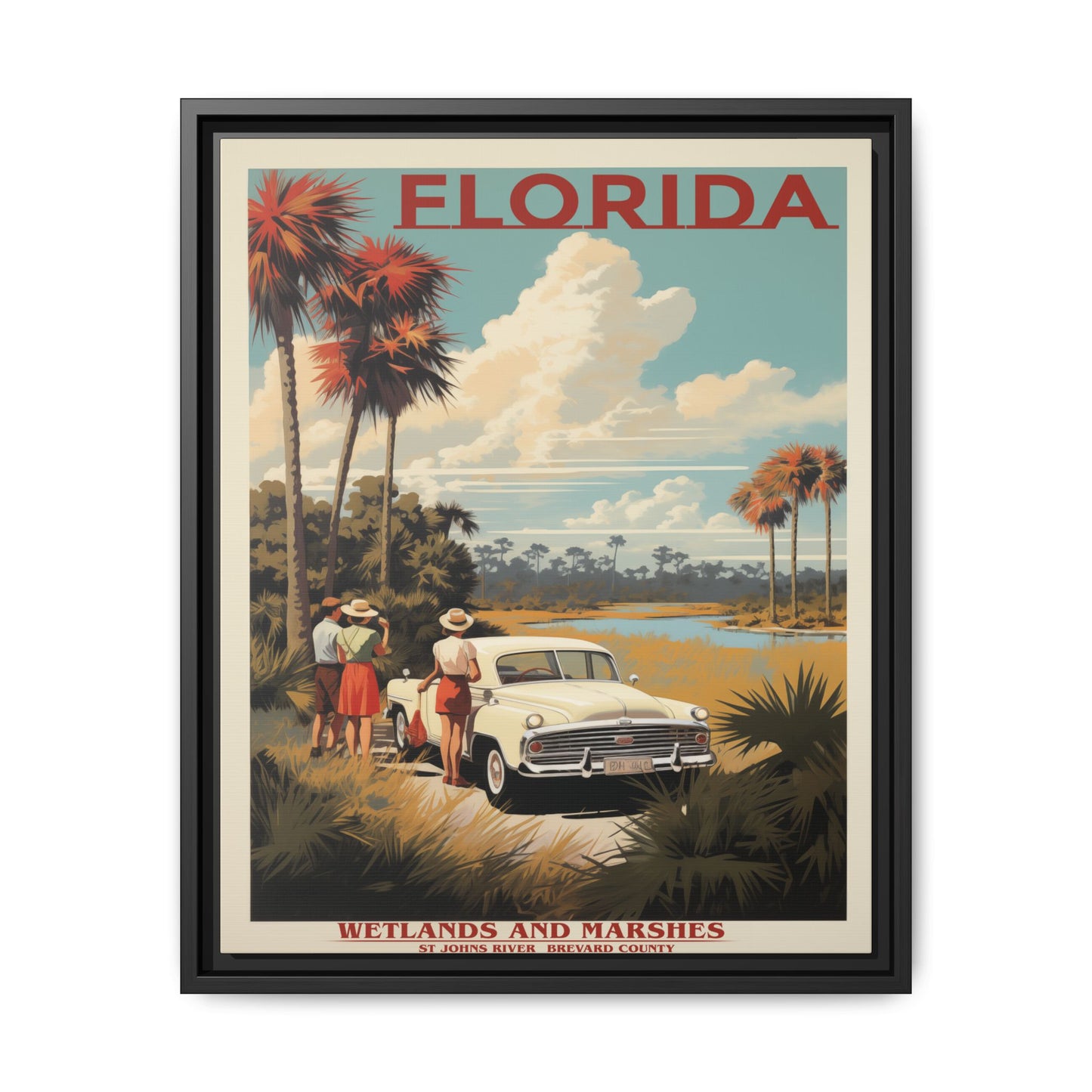 "Vintage Florida Poster - Wetlands and Marshes St. Johns River Matte Canvas Wall Art with Black Frame" Matte Canvas, Black Frame