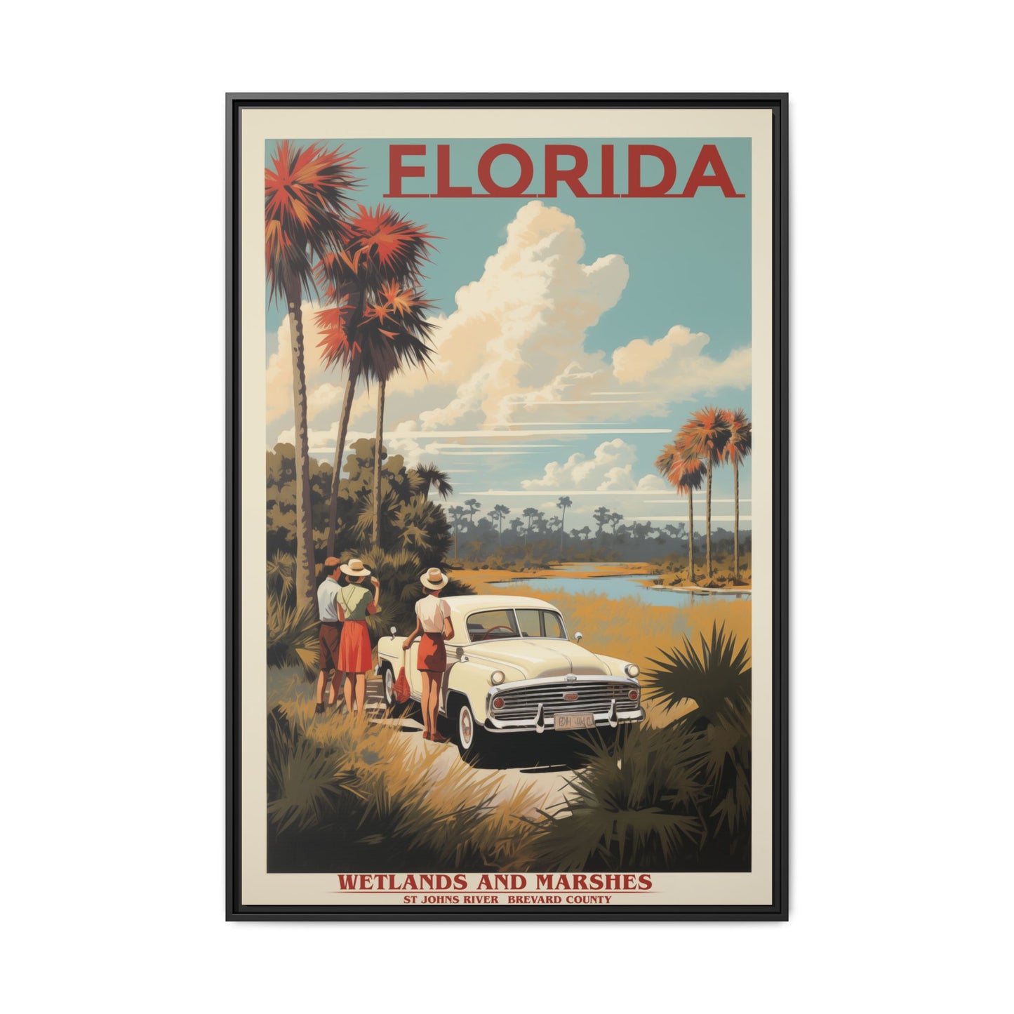 "Vintage Florida Poster - Wetlands and Marshes St. Johns River Matte Canvas Wall Art with Black Frame" Matte Canvas, Black Frame