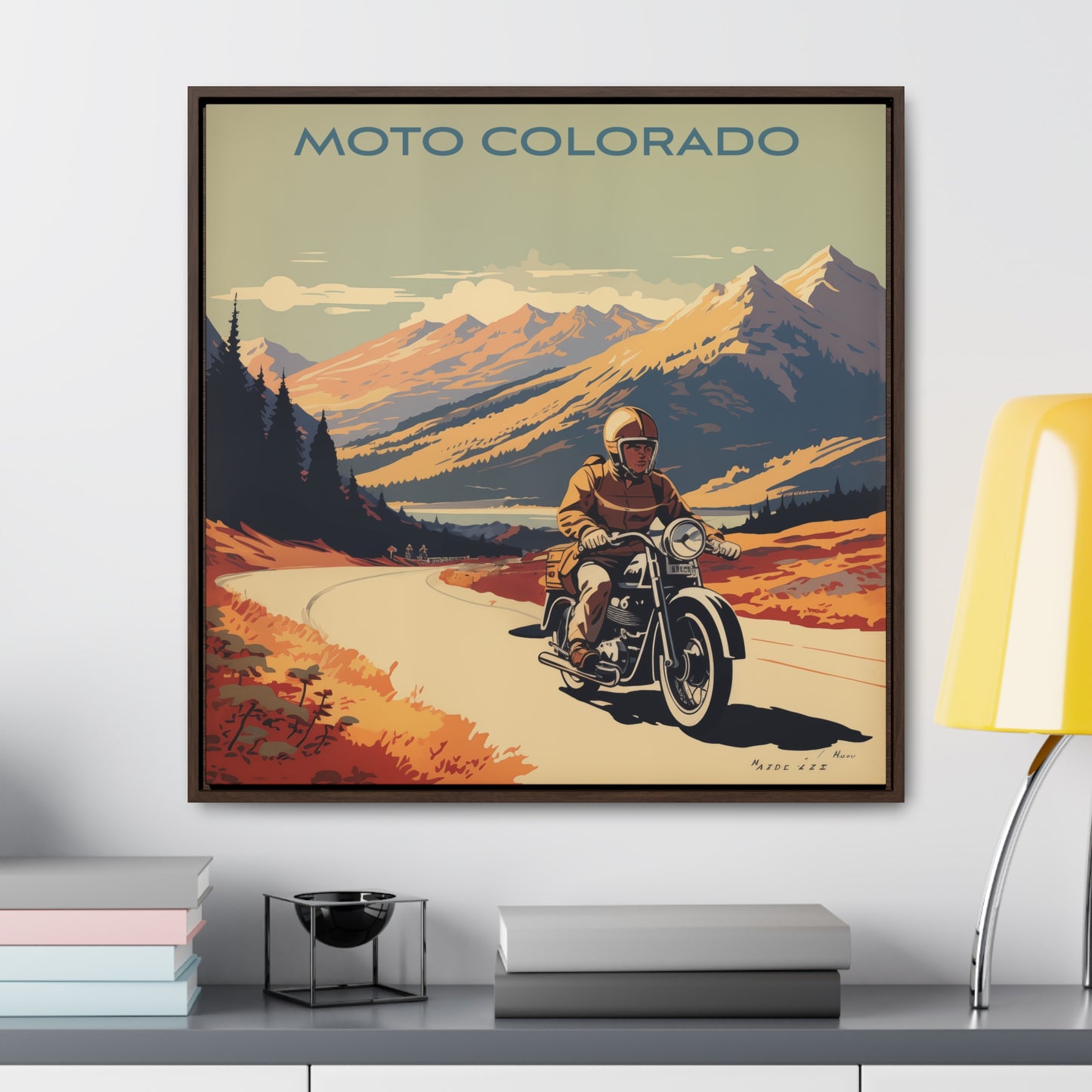 Vintage Moto Colorado Scenic Ride – Retro Motorcycle Art, Gallery Canvas Wraps, Square Frame