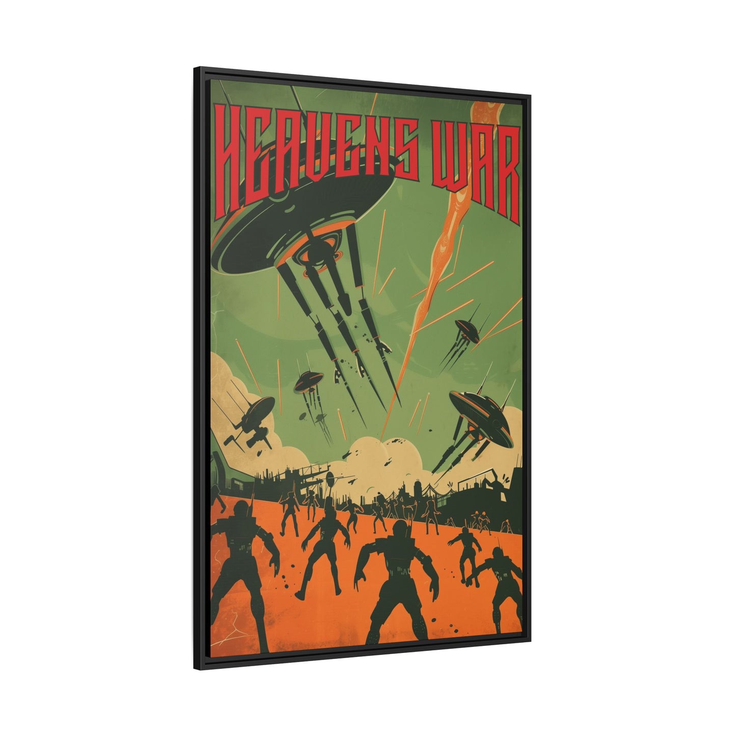"Heavens War – Futuristic Sci-Fi Battle Matte Canvas with Black Frame"