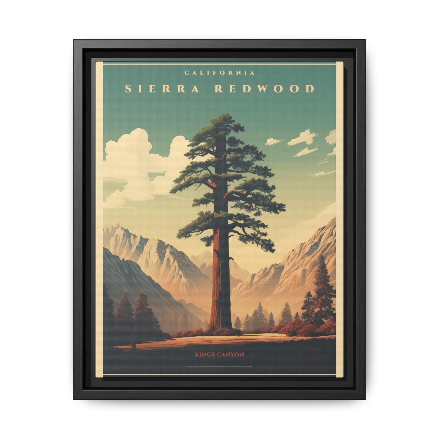 "Vintage Sierra Redwood Poster - Kings Canyon Matte Canvas Wall Art with Black Frame" Matte Canvas, Black Frame