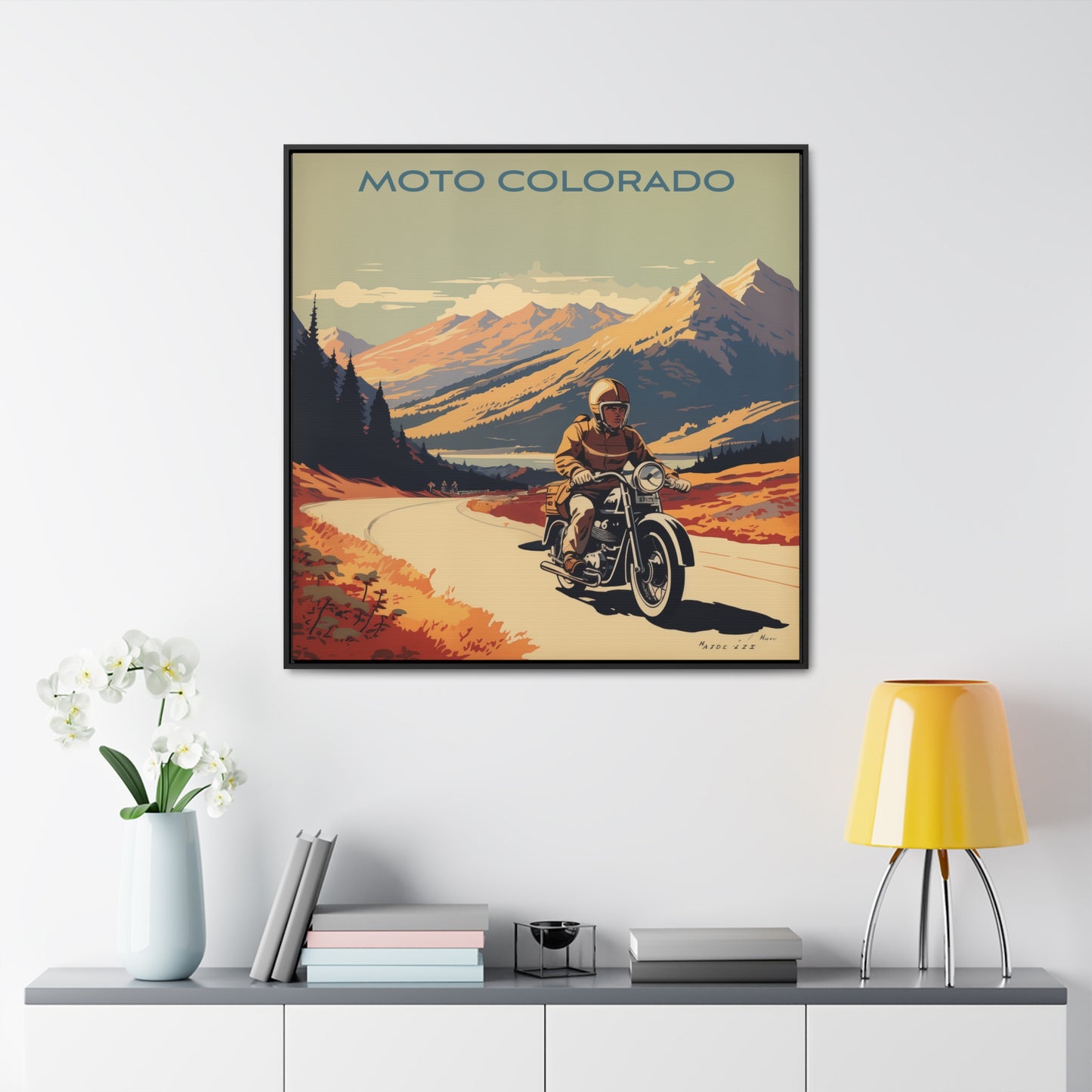 Vintage Moto Colorado Scenic Ride – Retro Motorcycle Art, Gallery Canvas Wraps, Square Frame