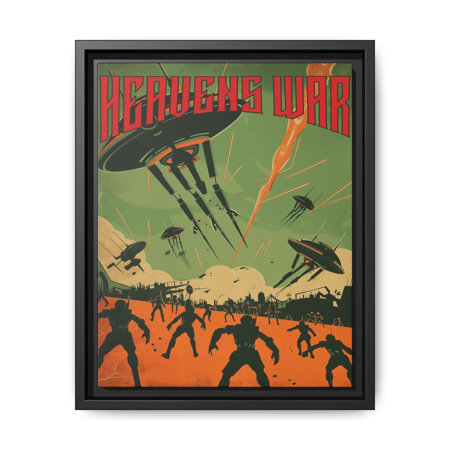 "Heavens War – Futuristic Sci-Fi Battle Matte Canvas with Black Frame"
