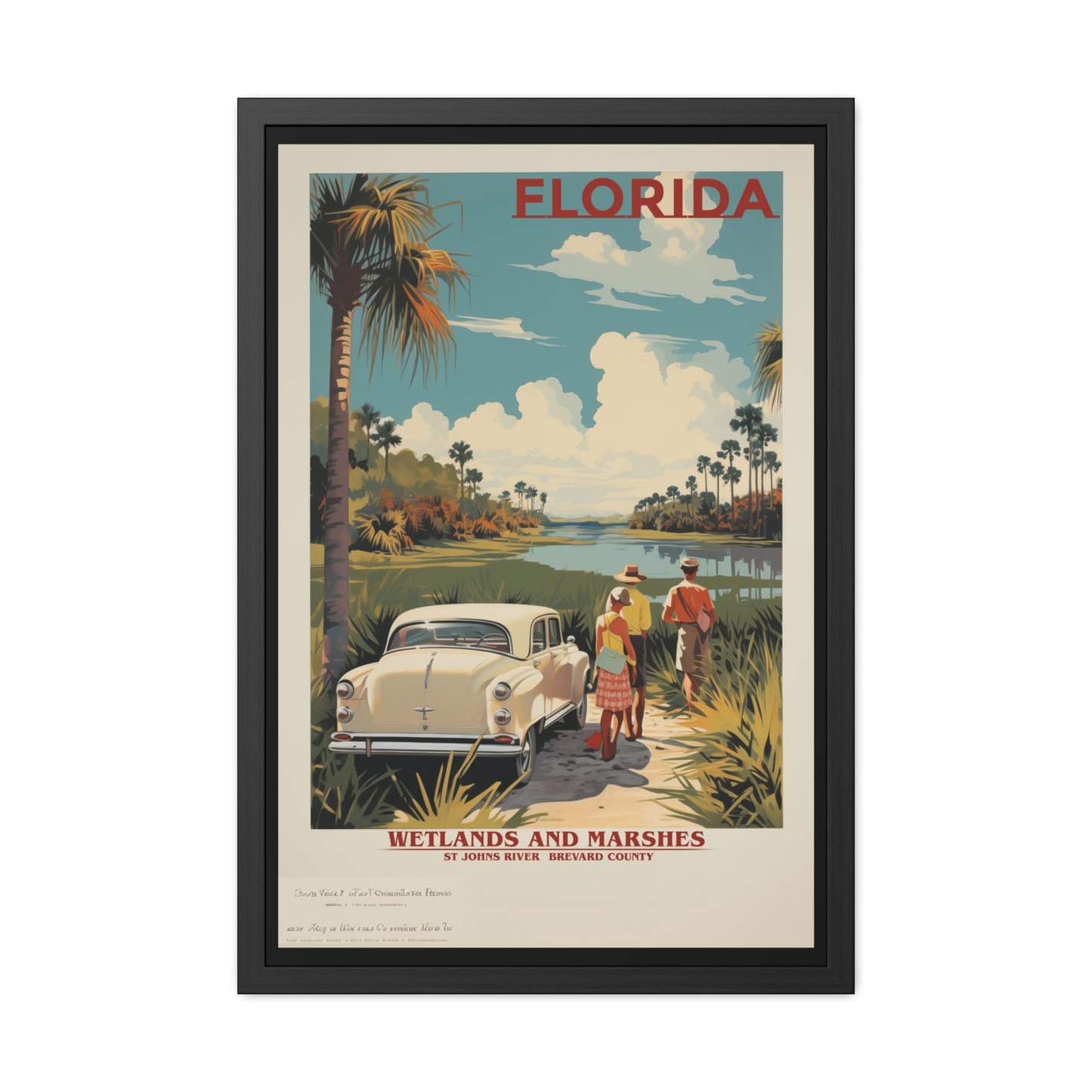 Vintage Florida Wetlands and Marshes Retro Wall Art – Vintage Travel Poster with Wooden Frame