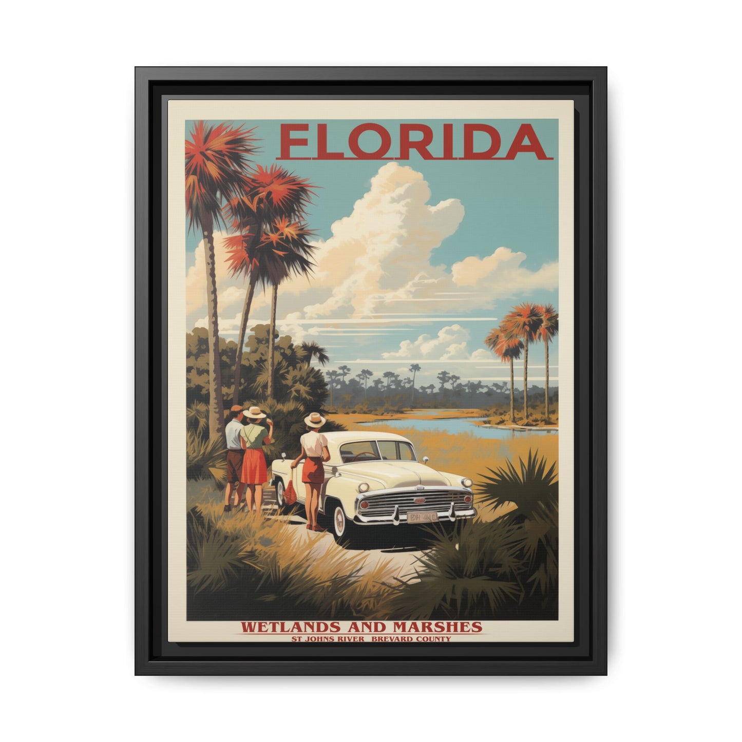 "Vintage Florida Poster - Wetlands and Marshes St. Johns River Matte Canvas Wall Art with Black Frame" Matte Canvas, Black Frame