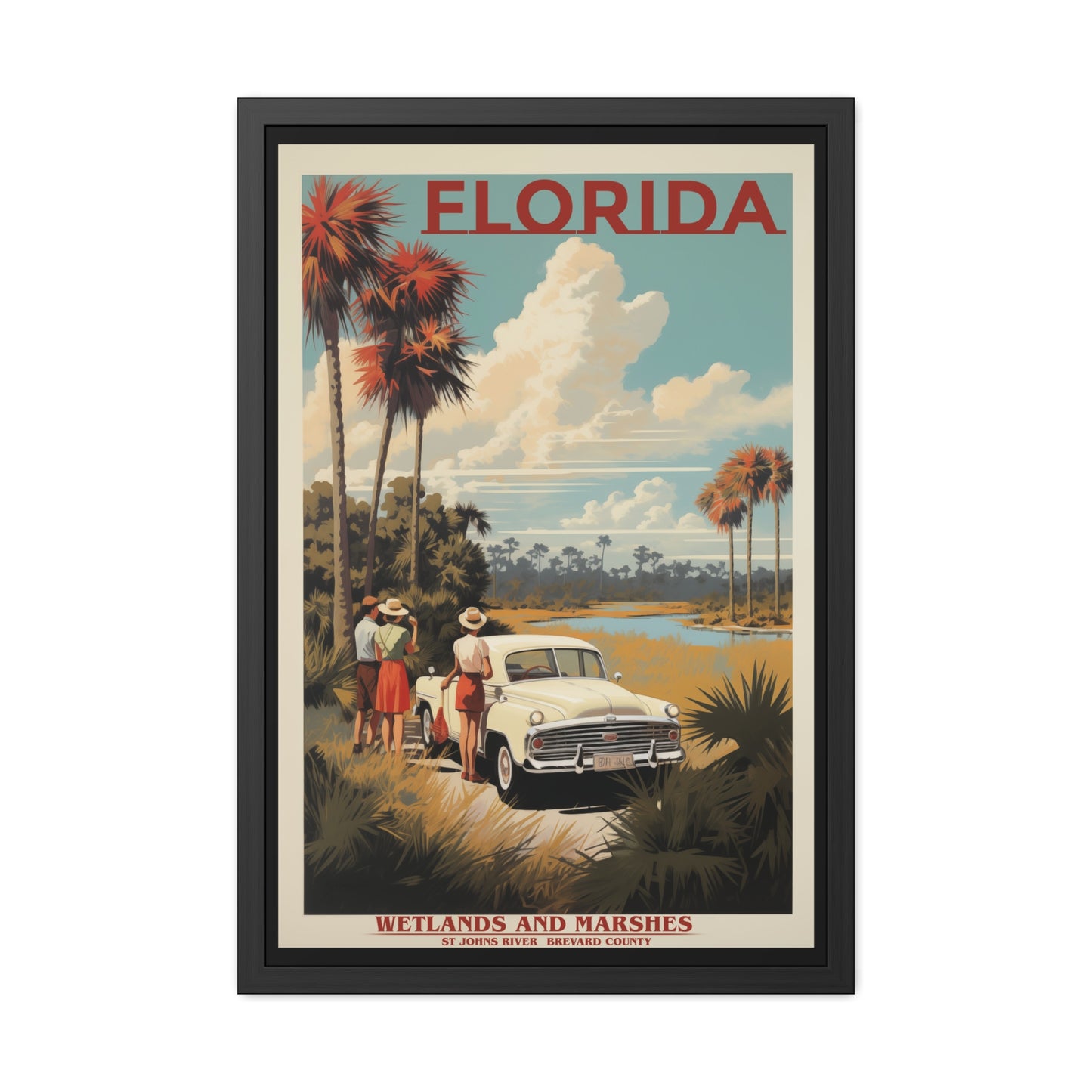 Vintage Florida Wetlands and Marshes Retro Wall Art – Vintage Travel Poster with Wooden Frame