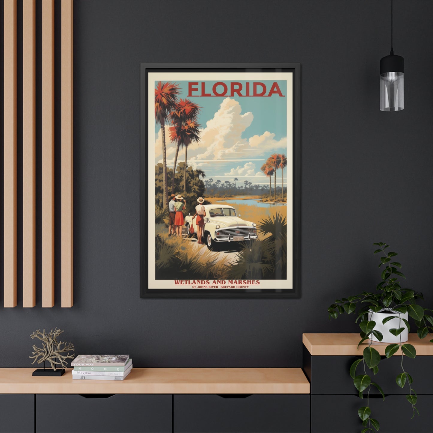 Vintage Florida Wetlands and Marshes Retro Wall Art – Vintage Travel Poster with Wooden Frame