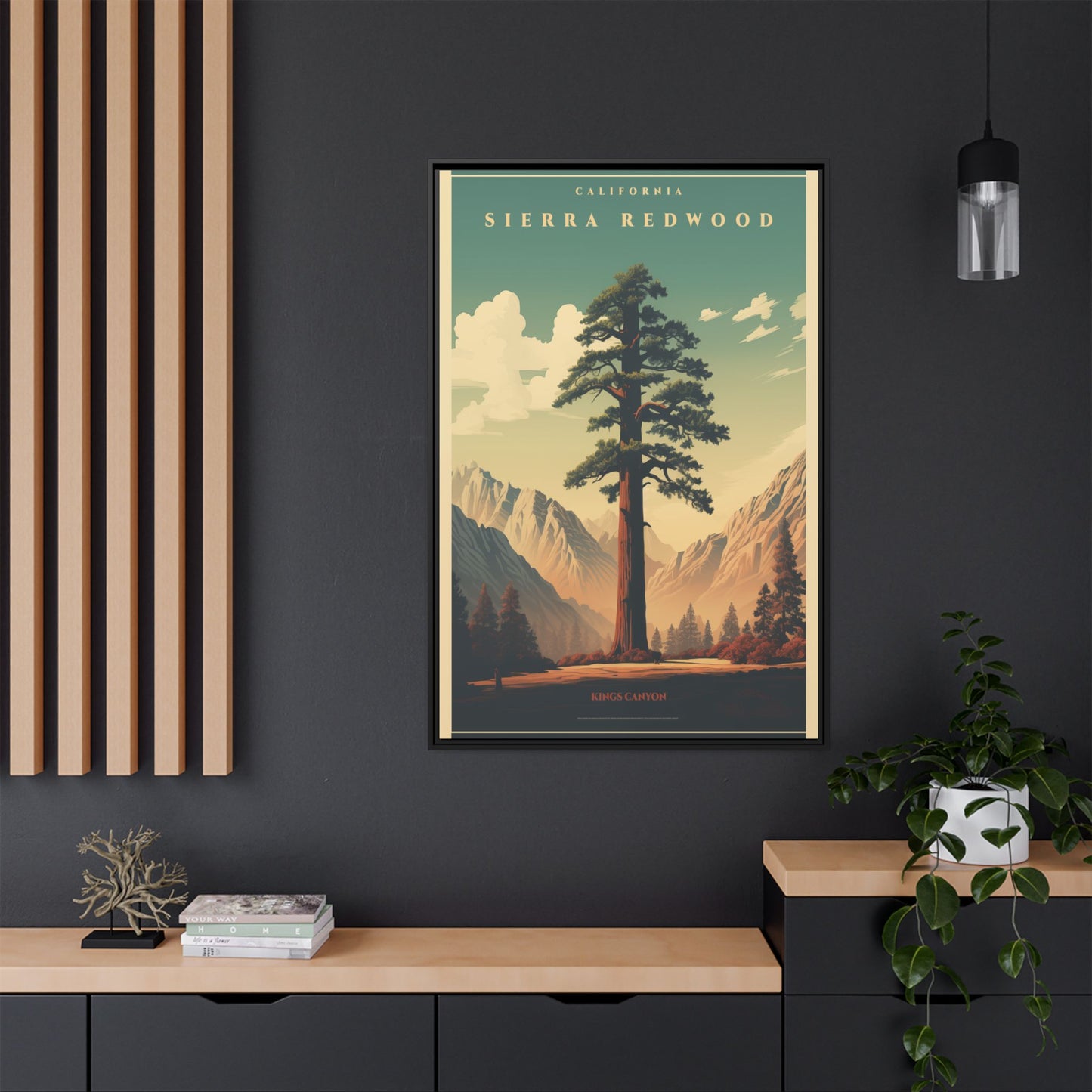 "Vintage Sierra Redwood Poster - Kings Canyon Matte Canvas Wall Art with Black Frame" Matte Canvas, Black Frame