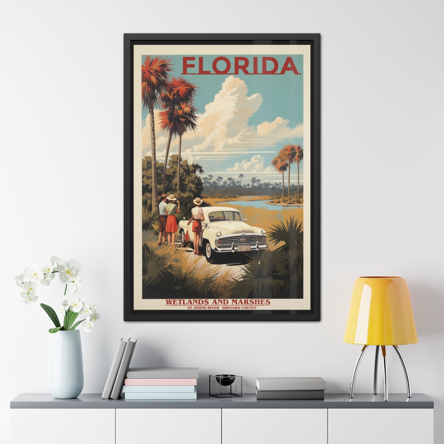 Vintage Florida Wetlands and Marshes Retro Wall Art – Vintage Travel Poster with Wooden Frame