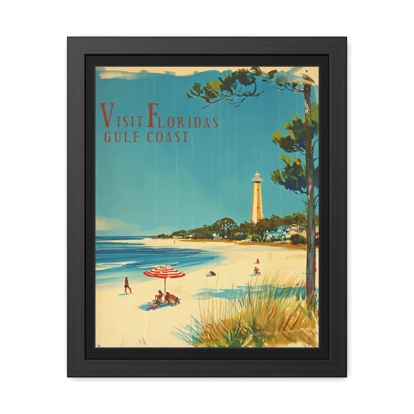 "Visit Florida’s Gulf Coast - Vintage Beach Scene Framed Poster"