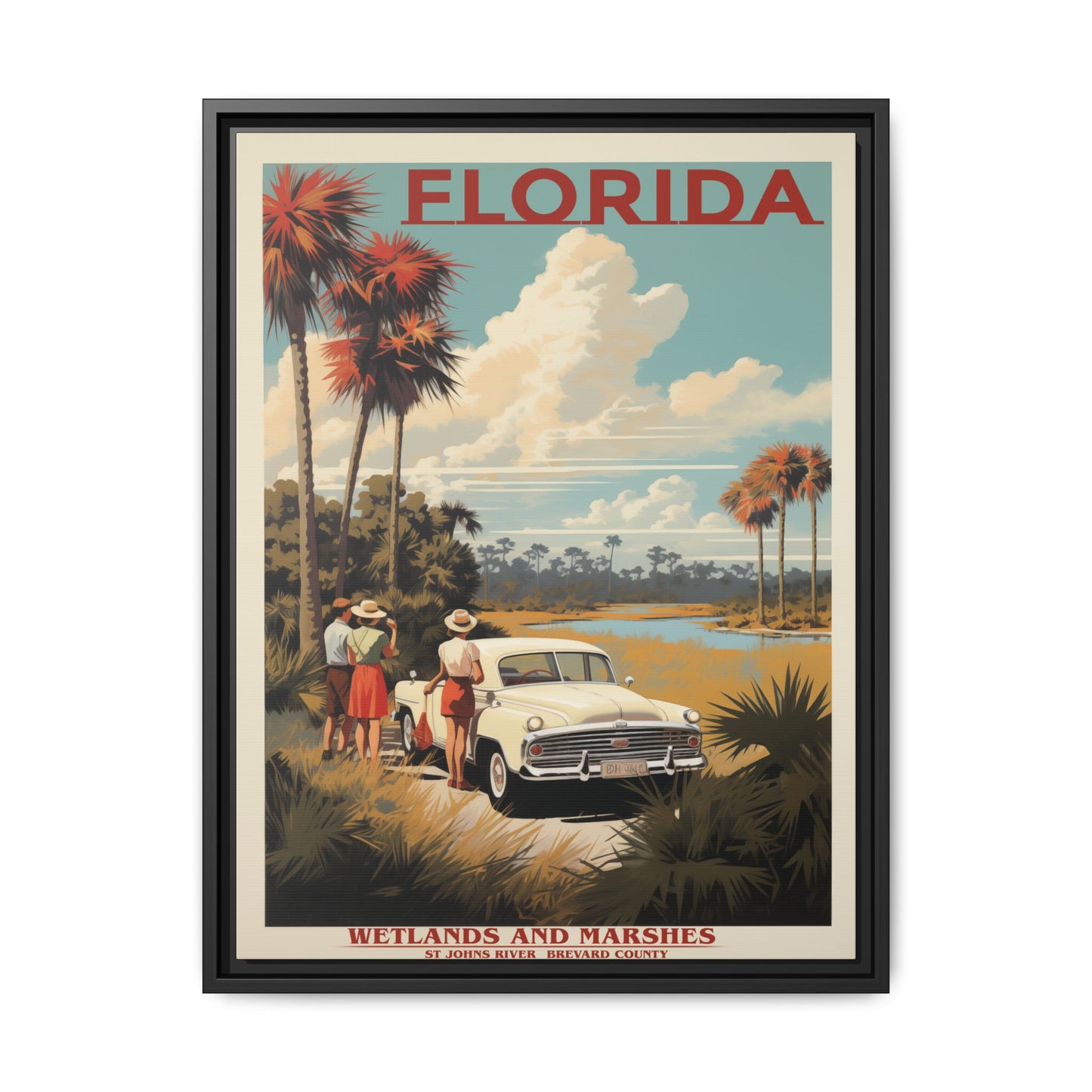 "Vintage Florida Poster - Wetlands and Marshes St. Johns River Matte Canvas Wall Art with Black Frame" Matte Canvas, Black Frame
