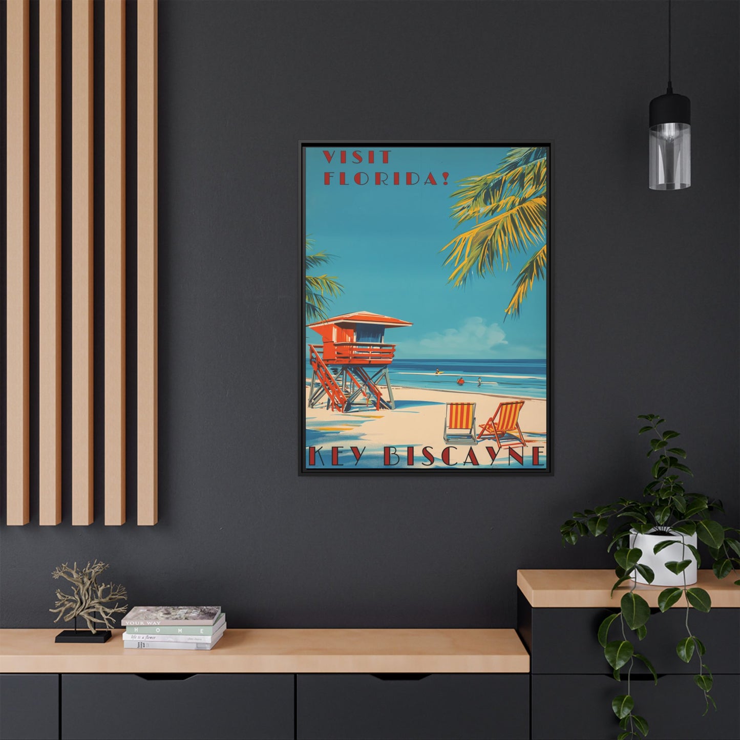 "Key Biscayne Beach Vintage – Classic Florida Coastal Art Print" Matte Canvas, Black Frame