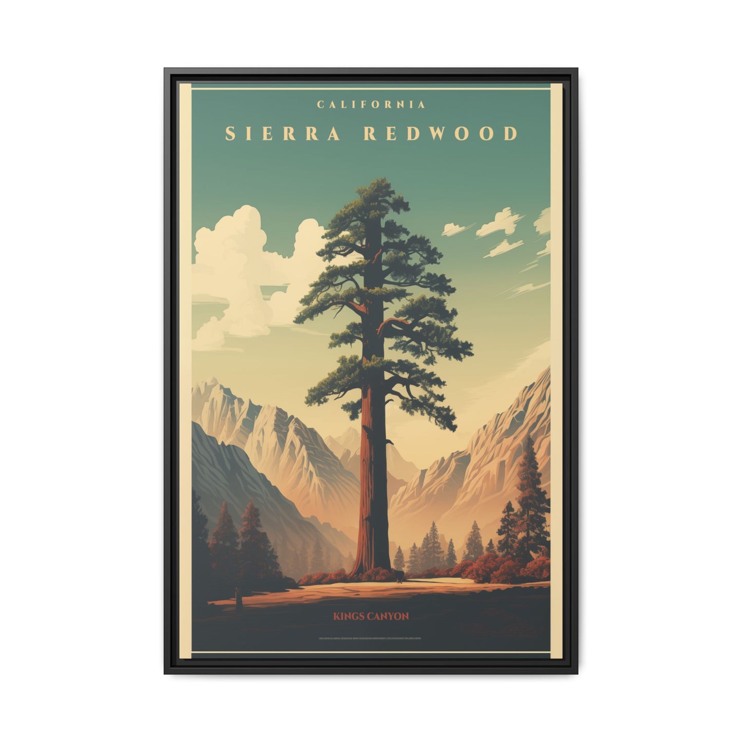 "Vintage Sierra Redwood Poster - Kings Canyon Matte Canvas Wall Art with Black Frame" Matte Canvas, Black Frame