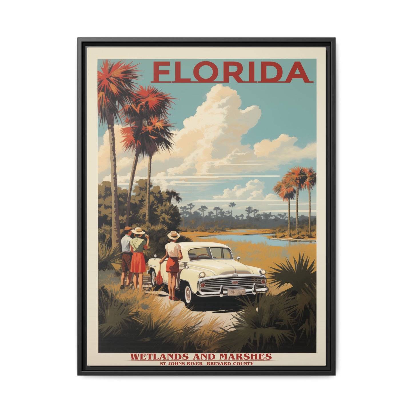 "Vintage Florida Poster - Wetlands and Marshes St. Johns River Matte Canvas Wall Art with Black Frame" Matte Canvas, Black Frame