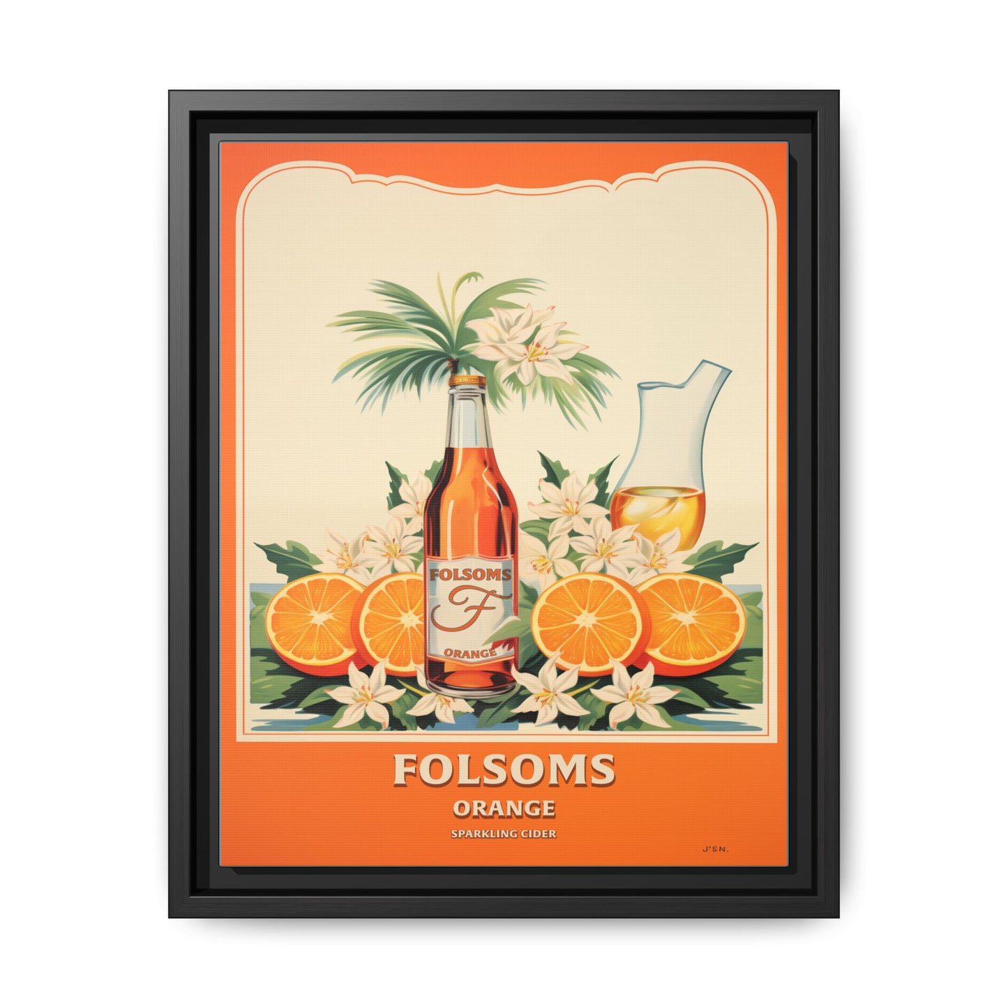 "Folsoms Orange Sparkling Cider Art Print – Vibrant Vintage with Citrus and Floral Elements" Matte Canvas, Black Frame