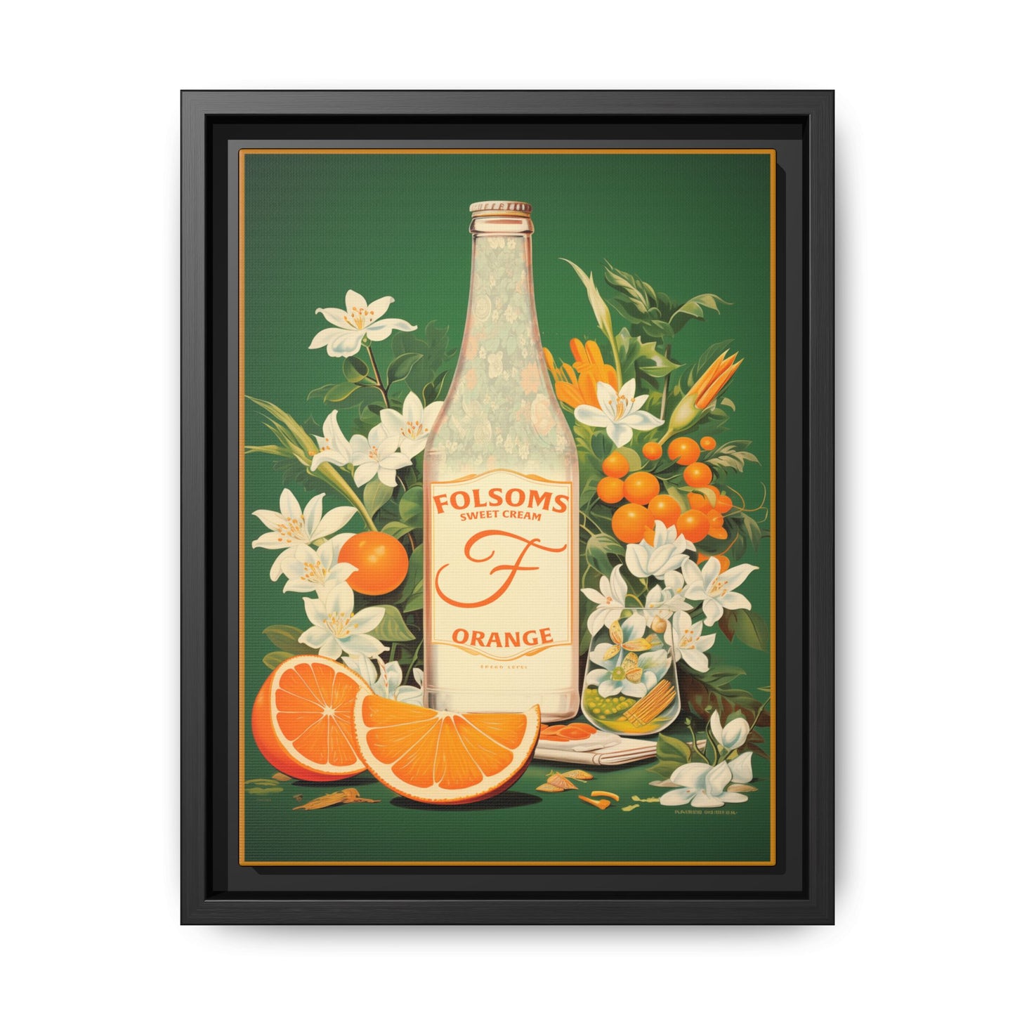 "Folsoms Sweet Cream Orange. – Vintage Citrus and Floral Artwork" Matte Canvas, Black Frame