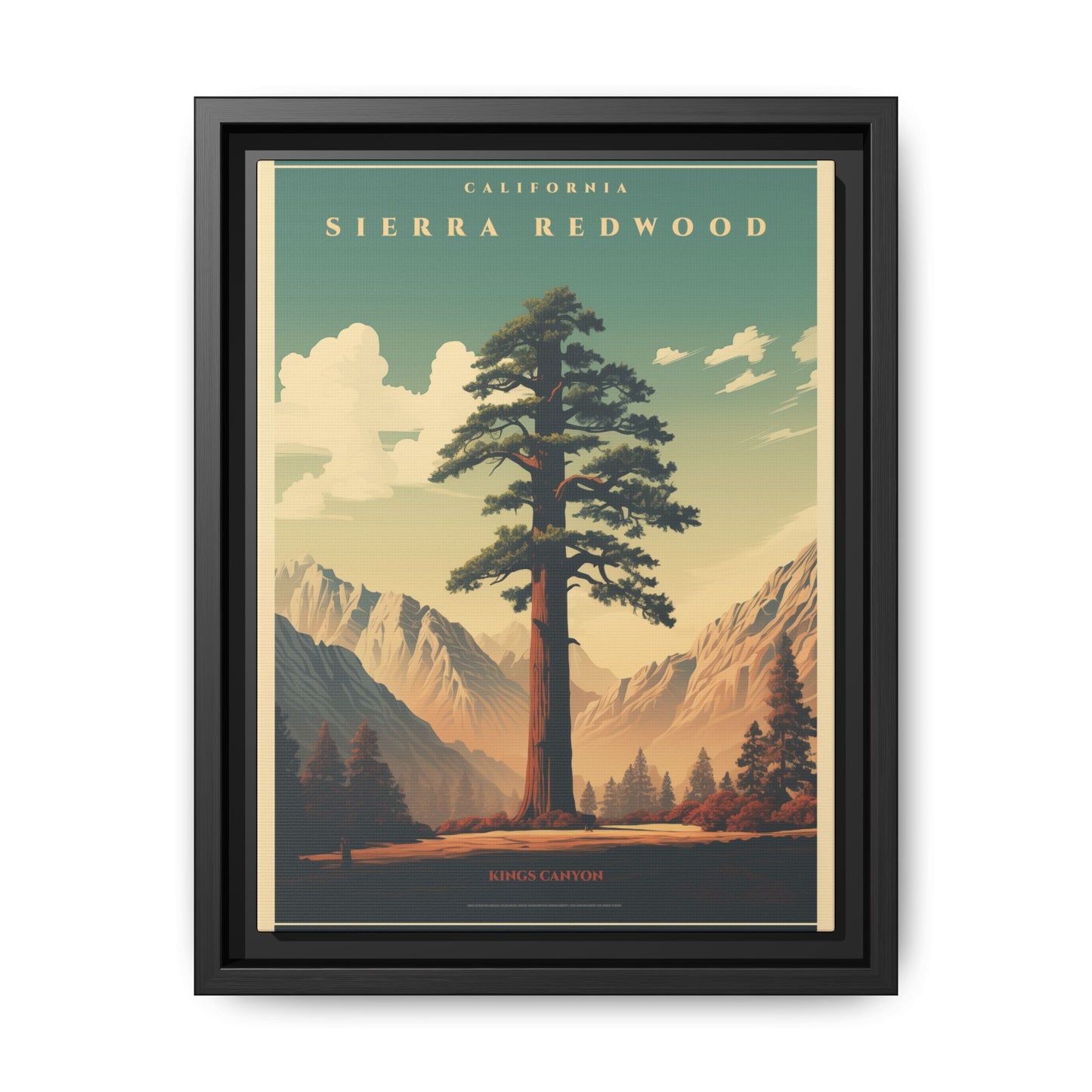 "Vintage Sierra Redwood Poster - Kings Canyon Matte Canvas Wall Art with Black Frame" Matte Canvas, Black Frame
