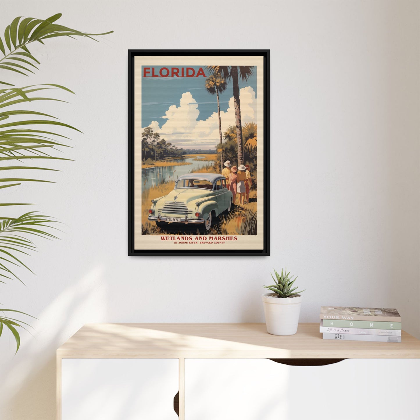 "Vintage Florida Poster - Wetlands and Marshes St. Johns River Matte Canvas Wall Art with Black Frame" Matte Canvas, Black Frame