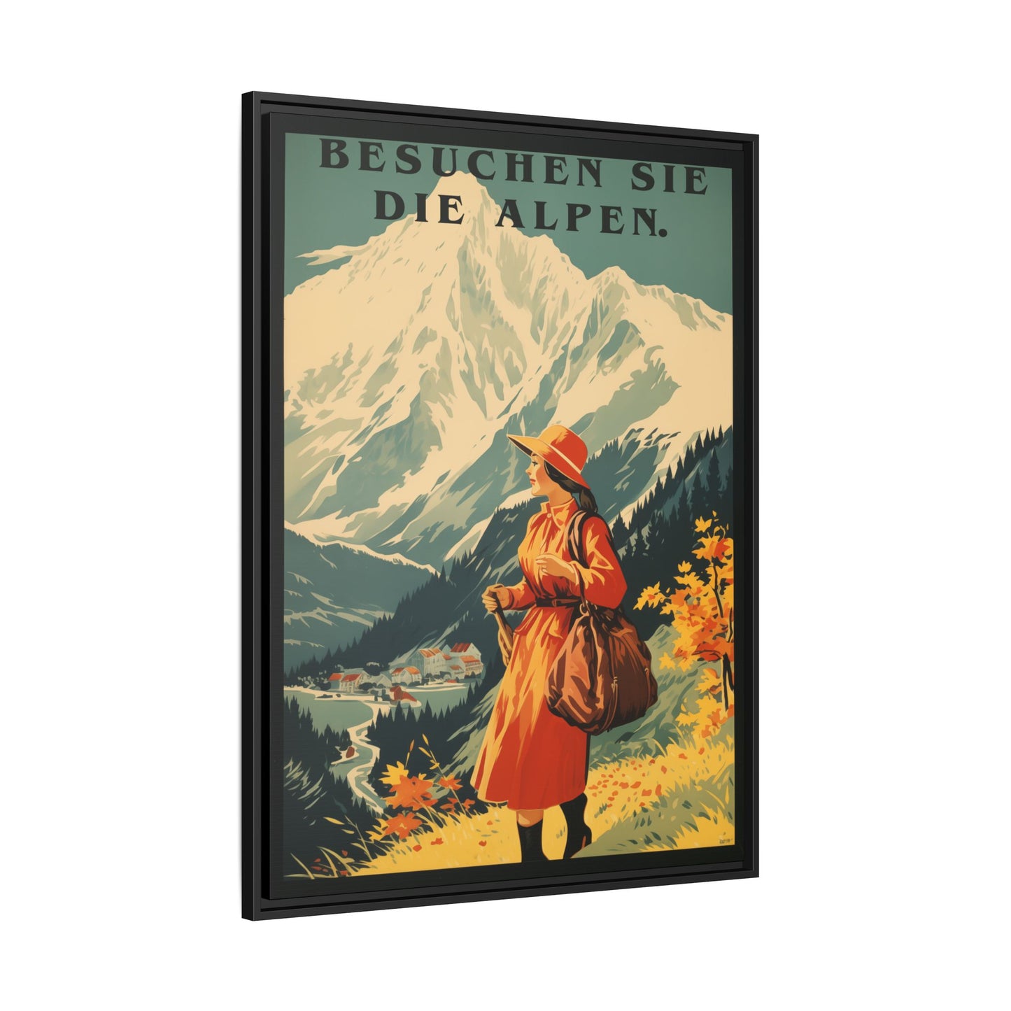 "Besuchen Sie die Alpen" translates to "Visit the Alps," - Vintage German Travel Poster | Matte Canvas with Black Frame"