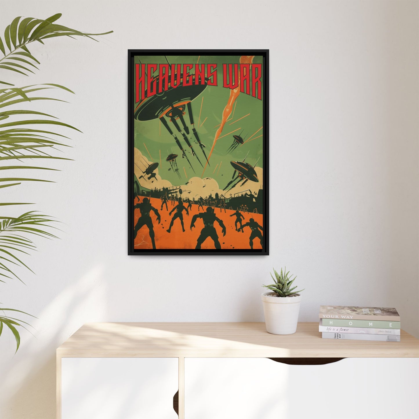"Heavens War – Futuristic Sci-Fi Battle Matte Canvas with Black Frame"