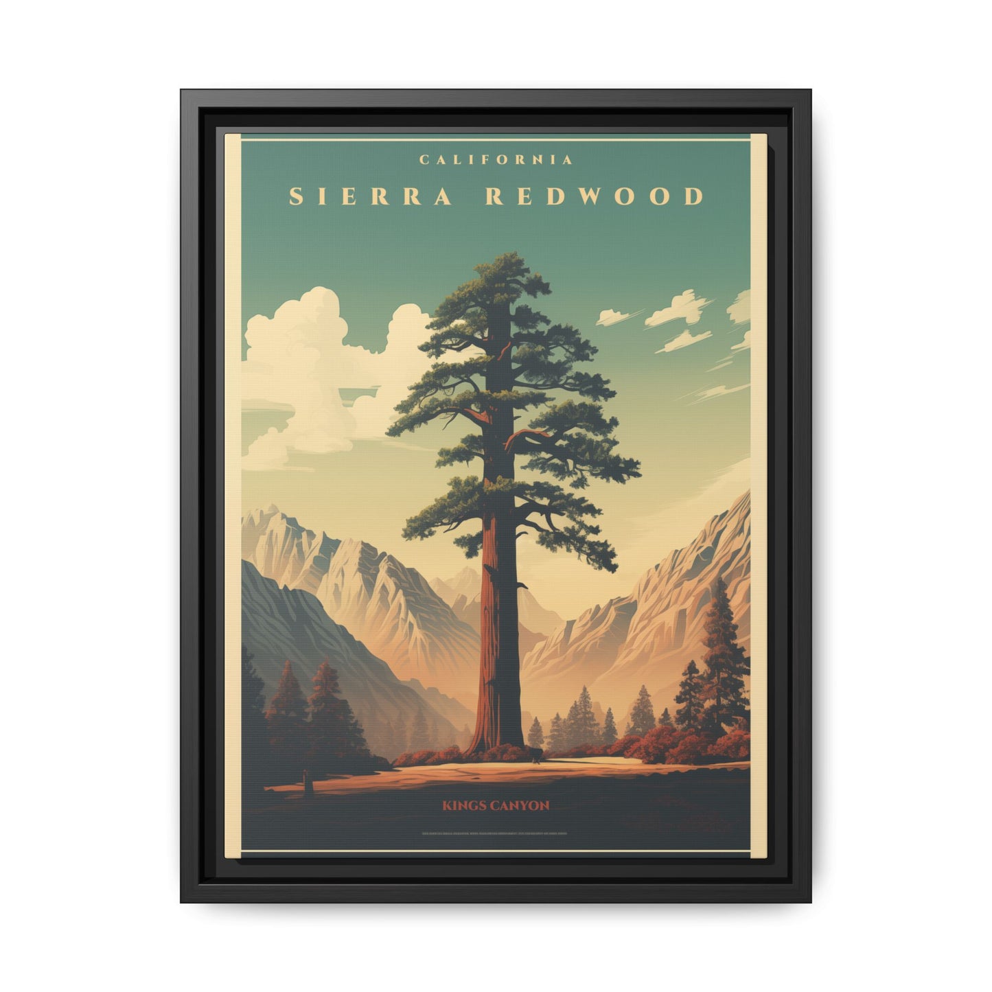 "Vintage Sierra Redwood Poster - Kings Canyon Matte Canvas Wall Art with Black Frame" Matte Canvas, Black Frame