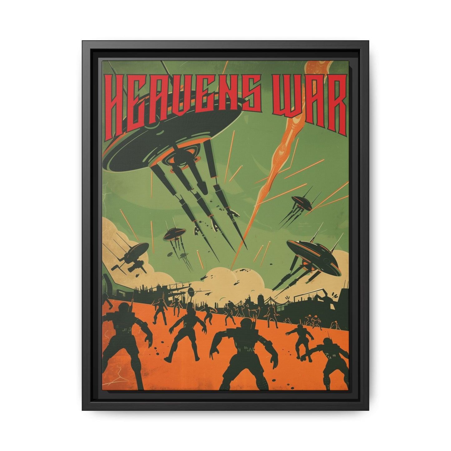 "Heavens War – Futuristic Sci-Fi Battle Matte Canvas with Black Frame"